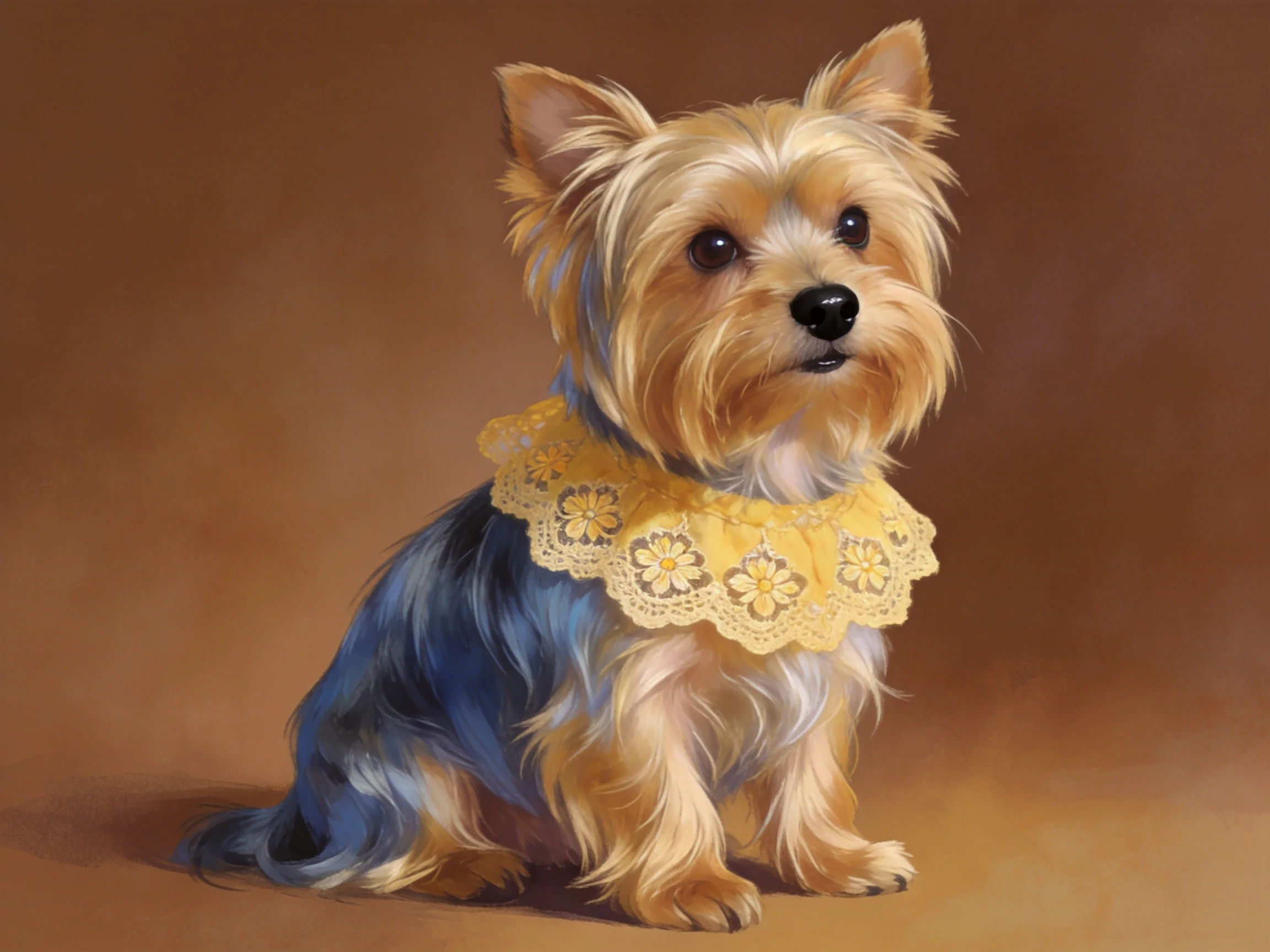 A small Yorkshire Terrier with blue and tan fur wears a yellow lace collar