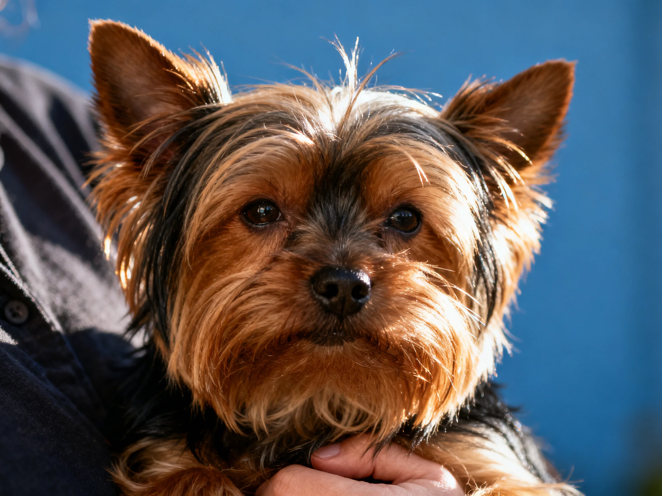 A small Yorkshire Terrier with brown and black fur against a blue backdrop