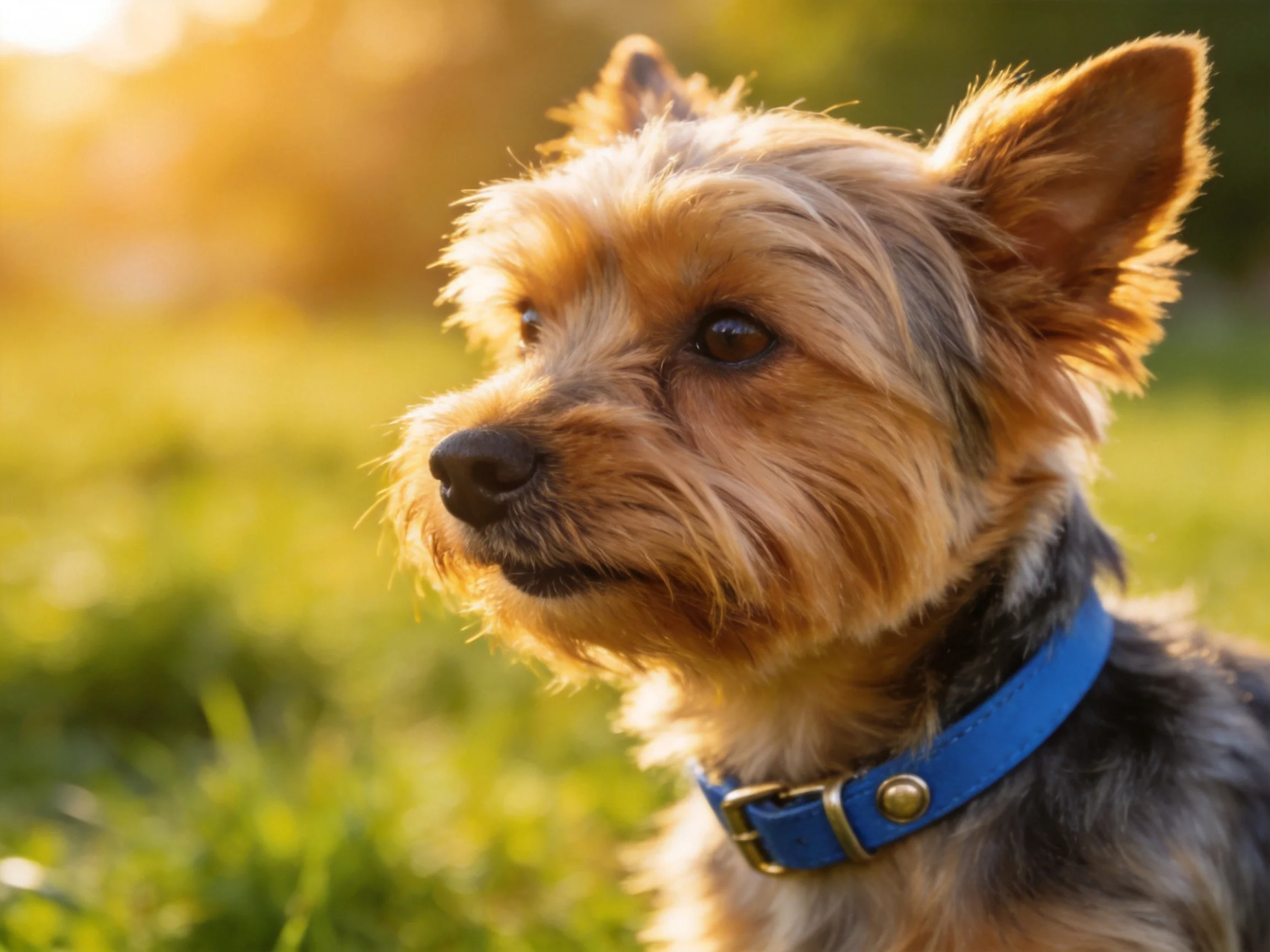 A small Yorkshire Terrier with brown and black fur wears a blue collar in a sunlit field