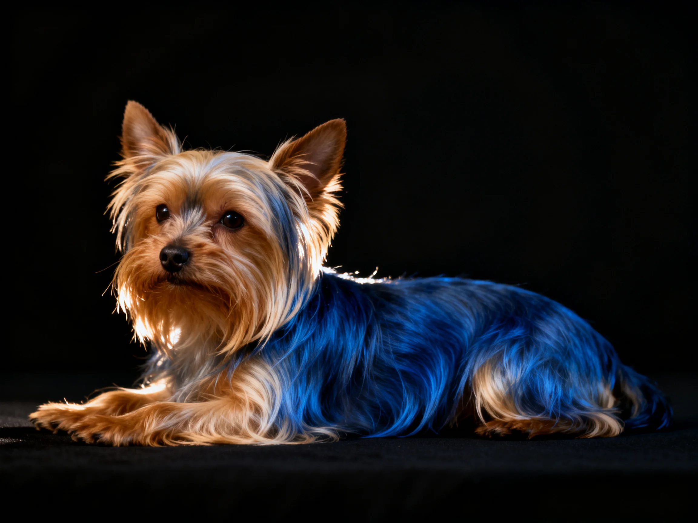 A small Yorkshire Terrier with brown and blue fur resting on a black surface