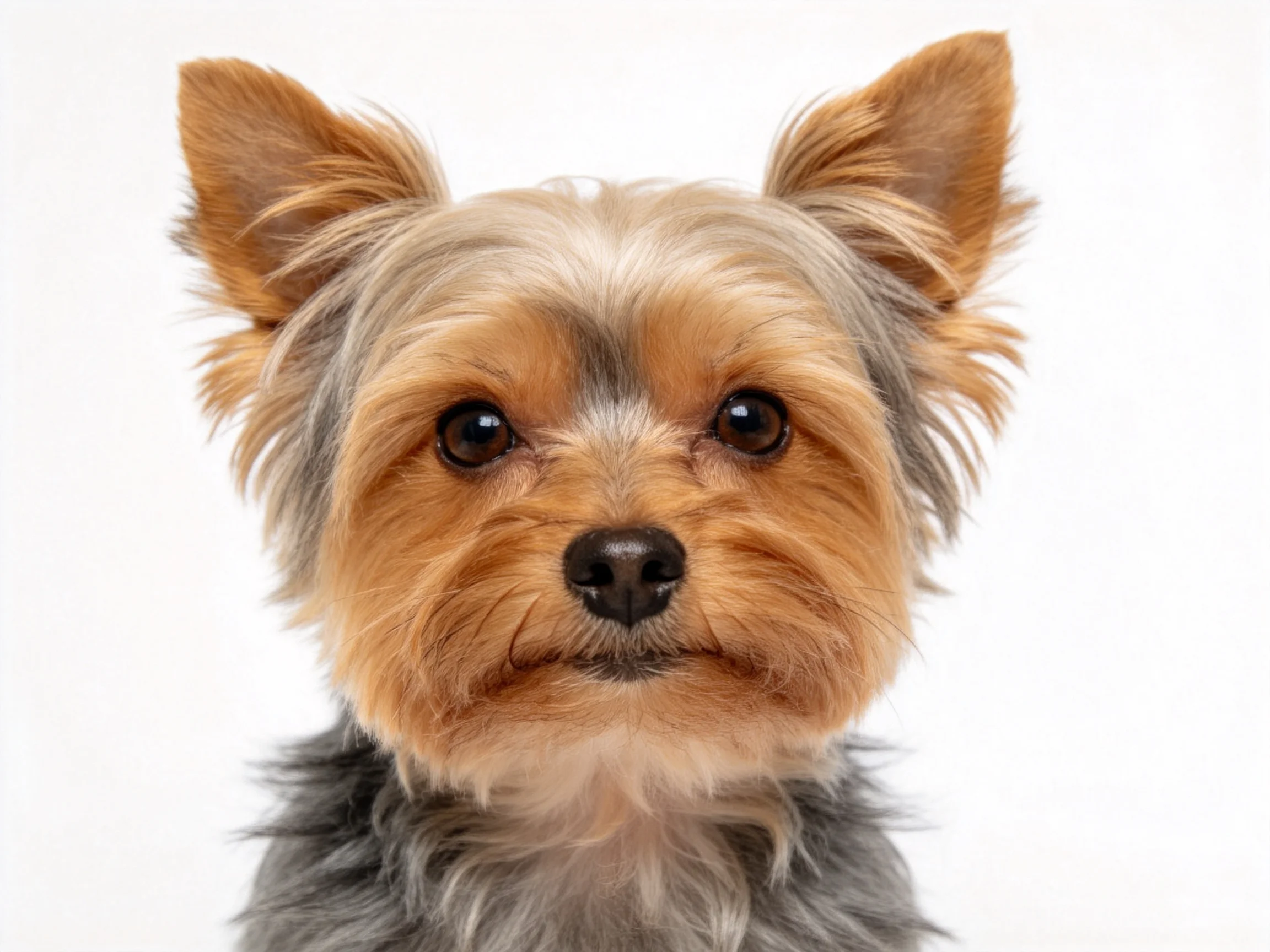 A small Yorkshire Terrier with brown and gray fur in a close-up portrait