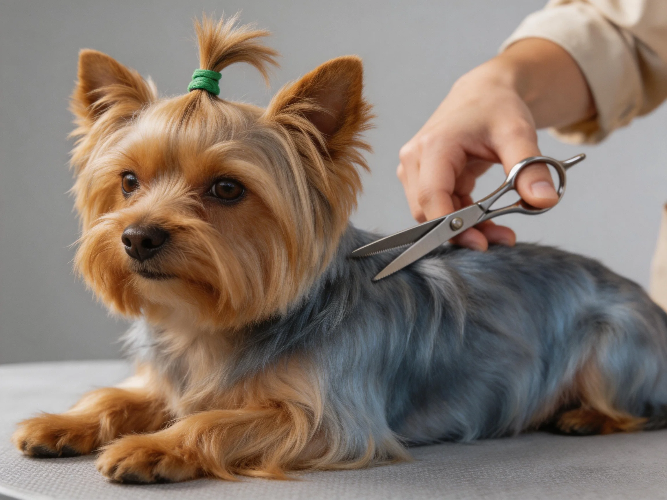 A small Yorkshire Terrier with brown and gray fur is groomed with scissors
