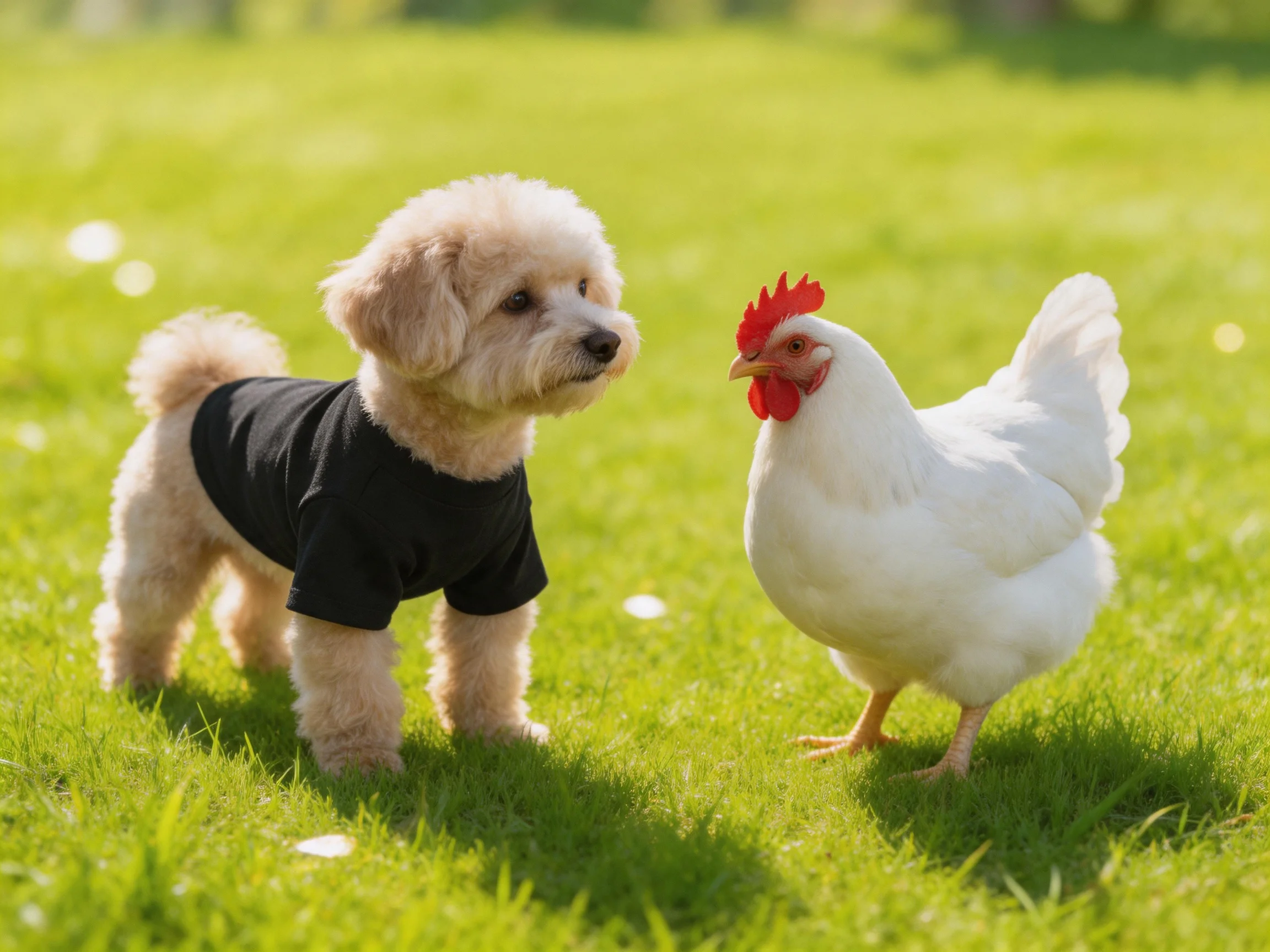 A small beige dog in a black shirt stands beside a white chicken on green grass