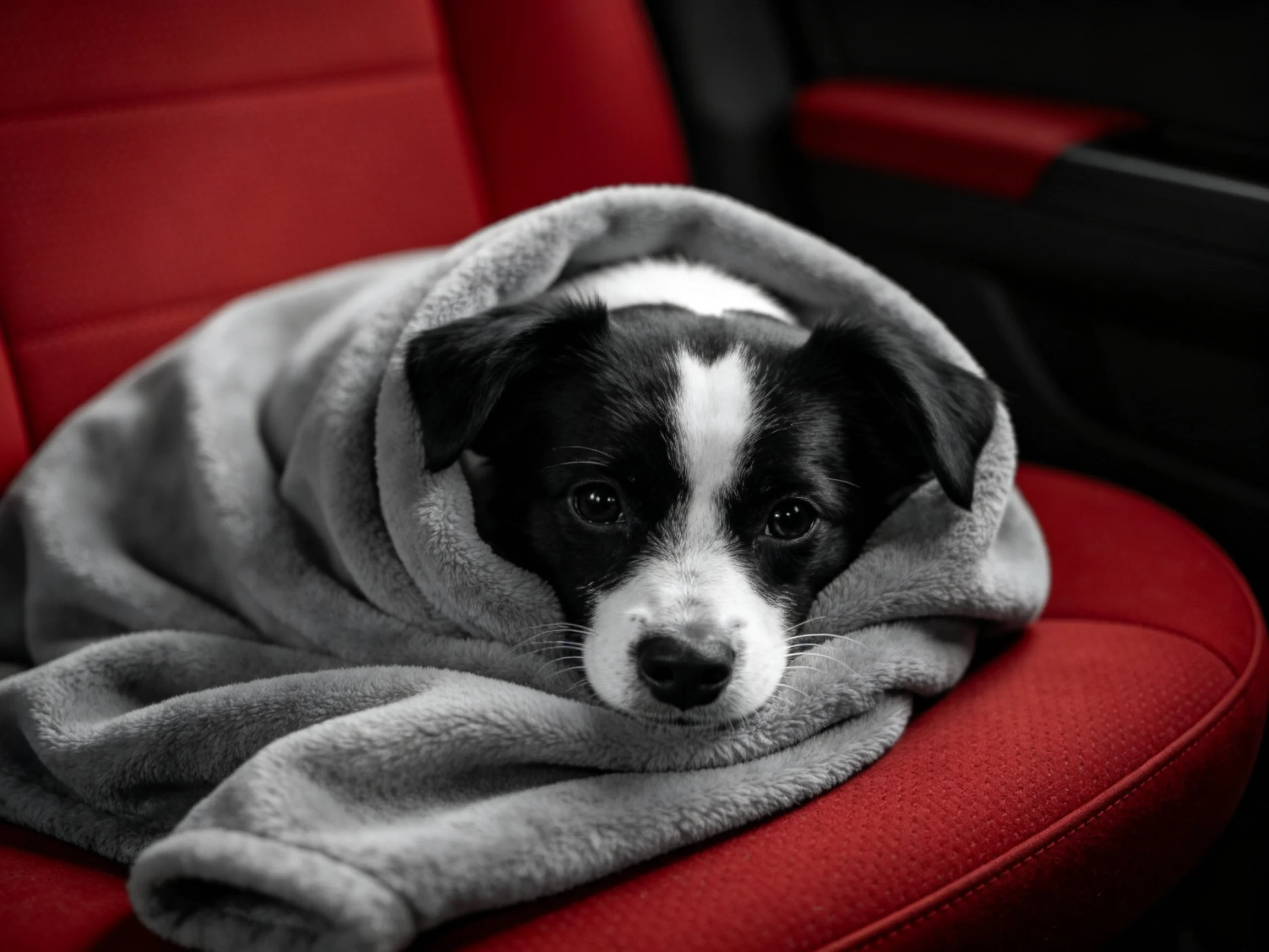 A small black and white puppy rests wrapped in fabric on a red car seat.