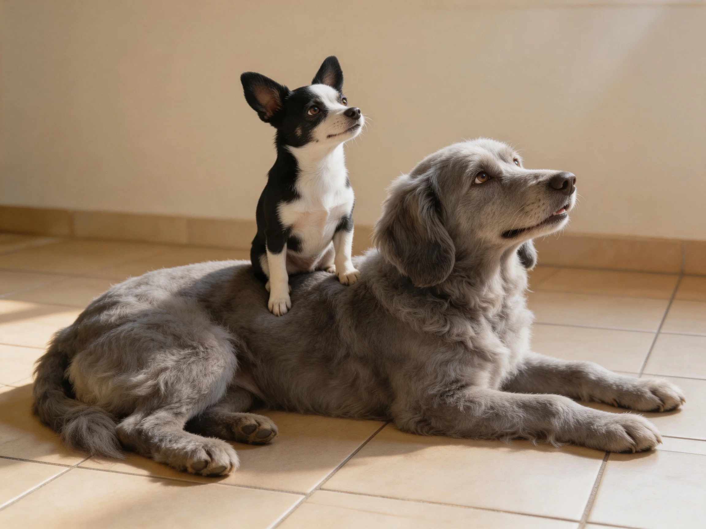 A small dog sits on a large dog as both look ahead