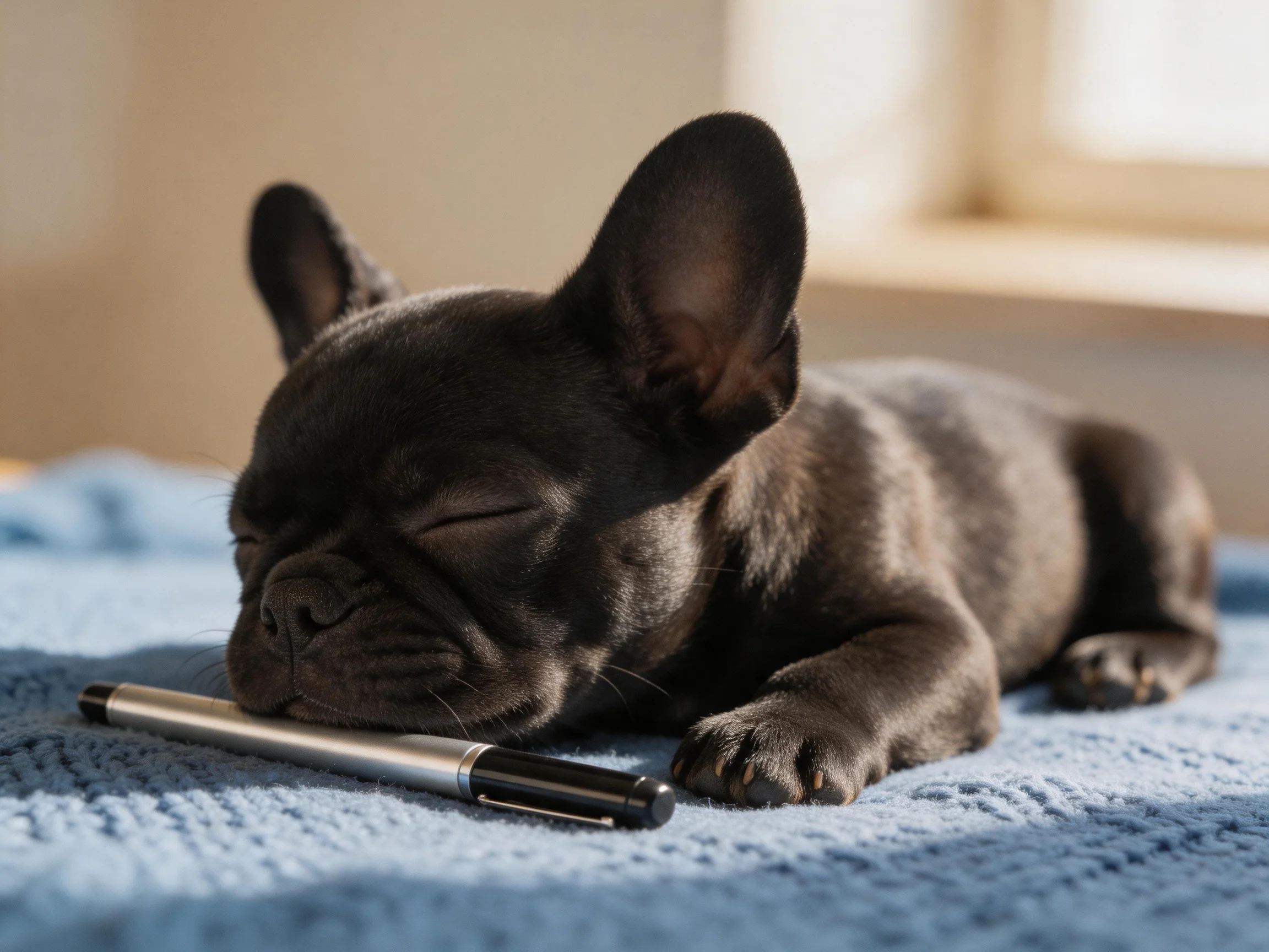 A small black French bulldog sleeps on a blue blanket near a silver pen
