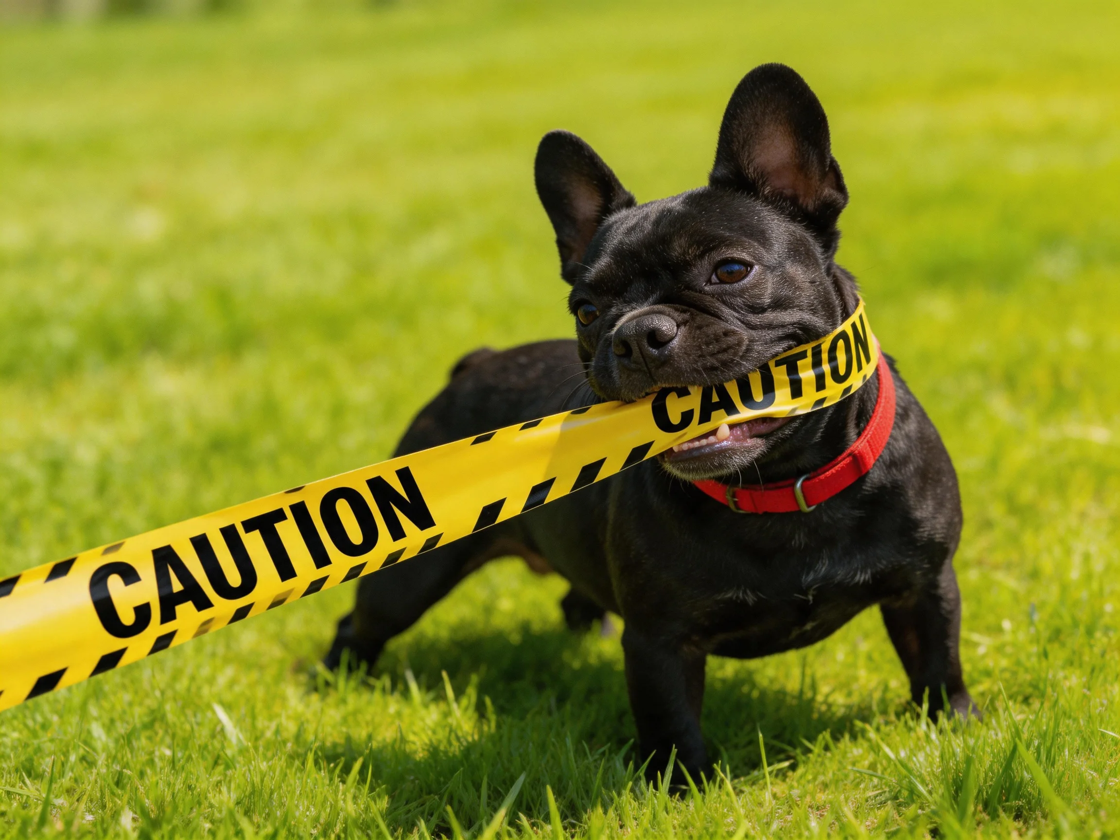 A small black French bulldog tugging yellow caution tape on green grass