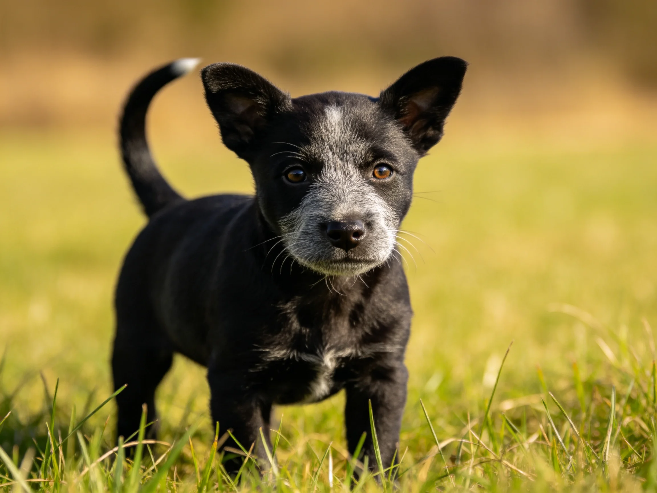 A small black and gray puppy stands attentively in a sunlit grassy area.