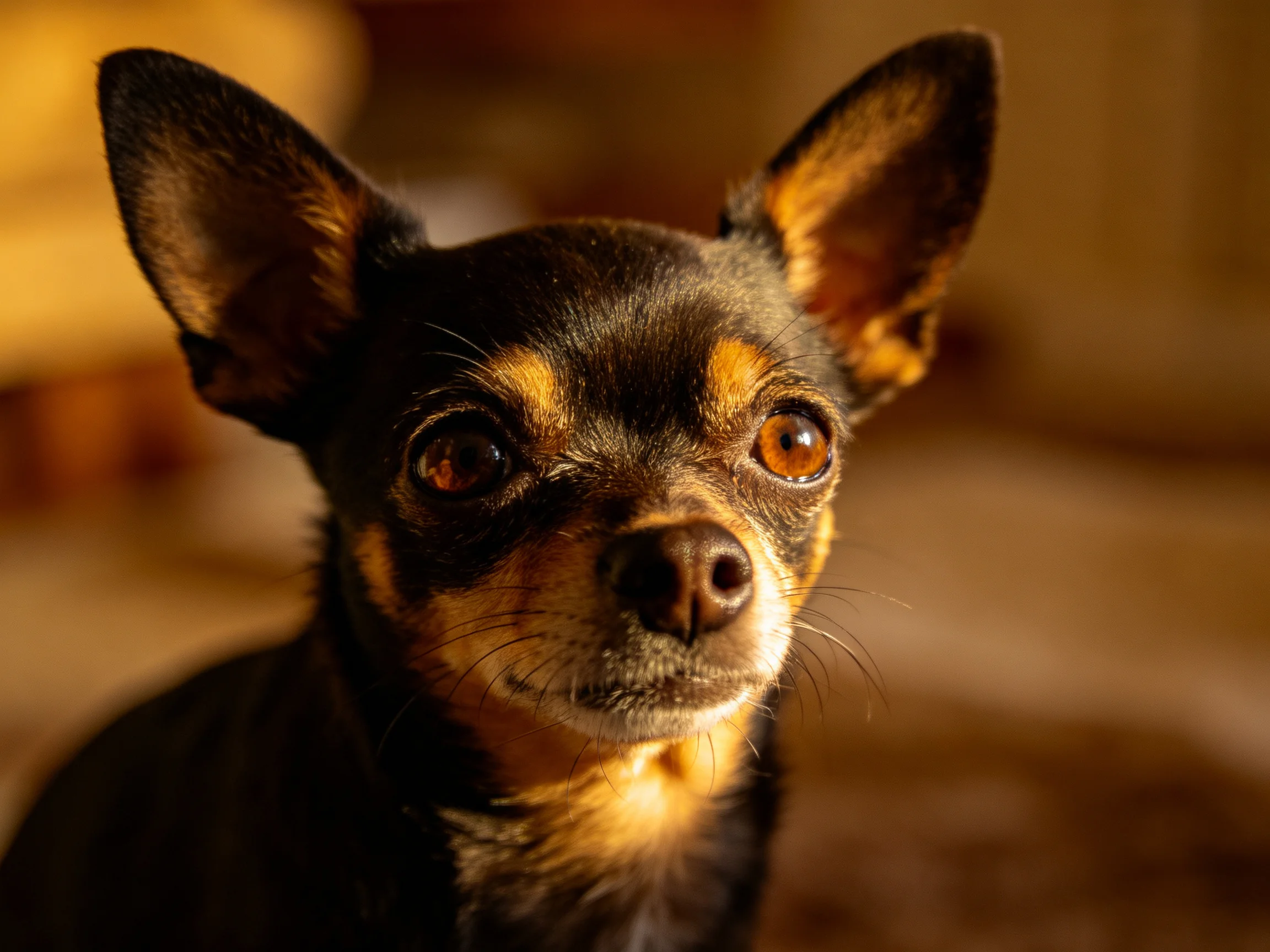 A small black and tan Chihuahua with large ears in warm lighting
