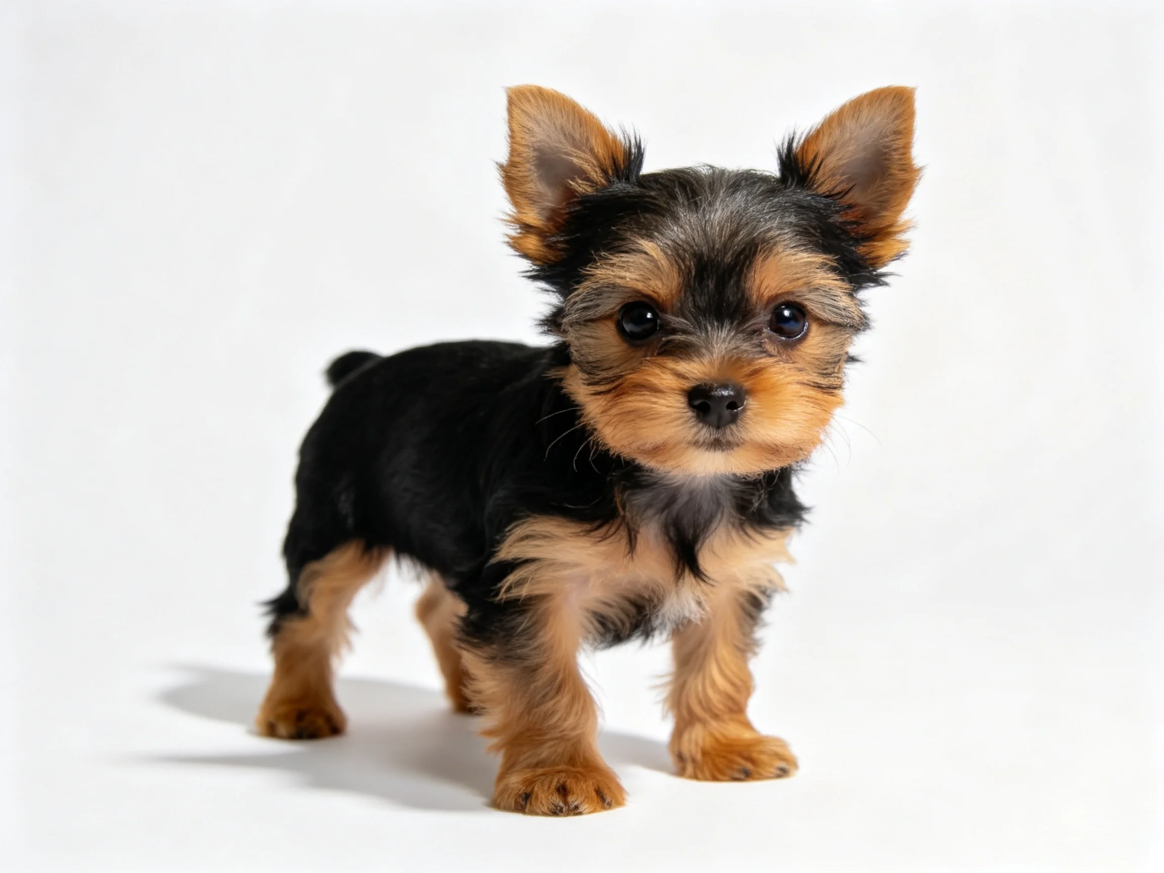 A small black and tan Yorkshire Terrier puppy standing against white