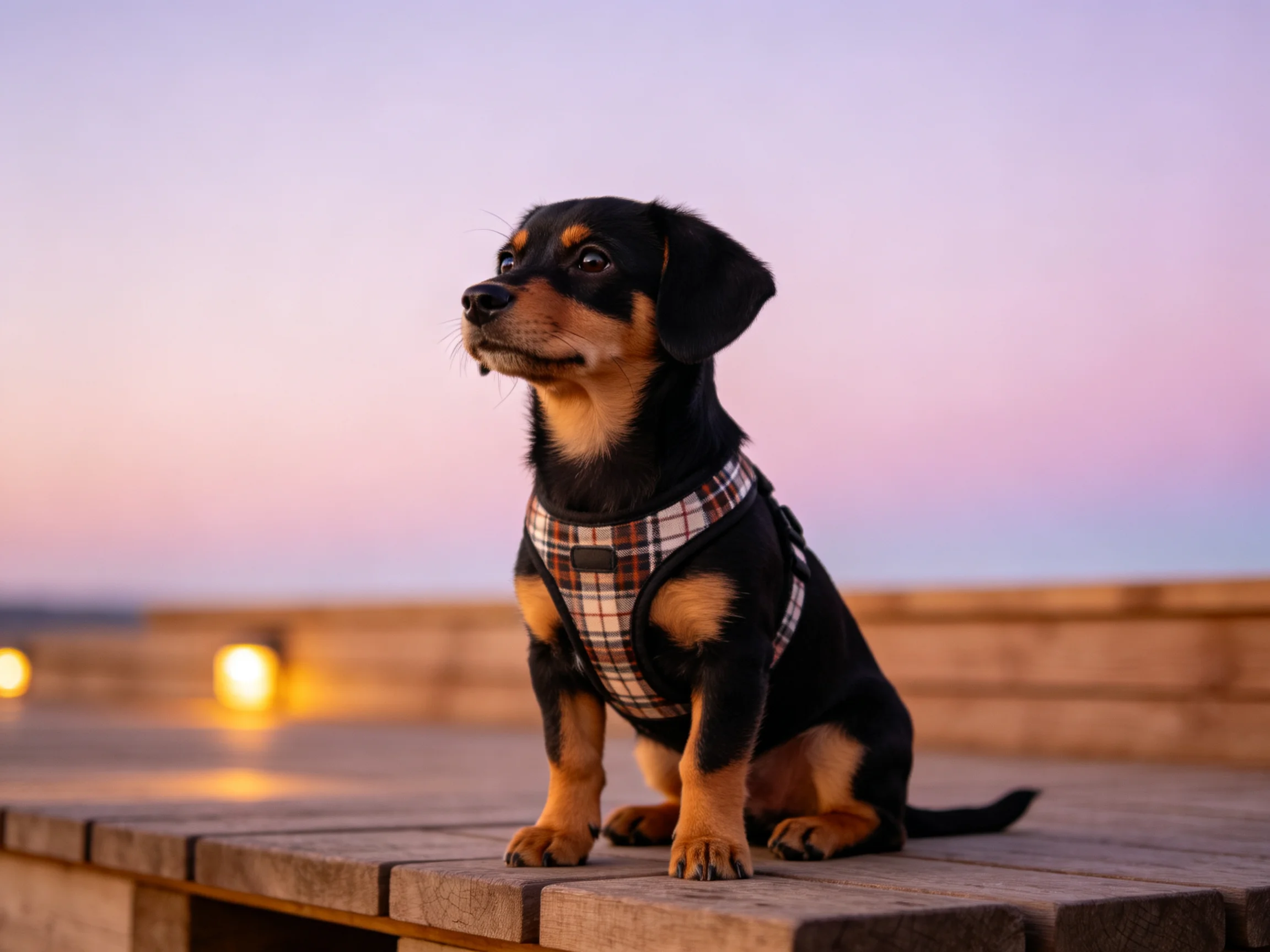 A small black-and-tan dog in a plaid harness sits on a wooden deck under a colorful twilight sky