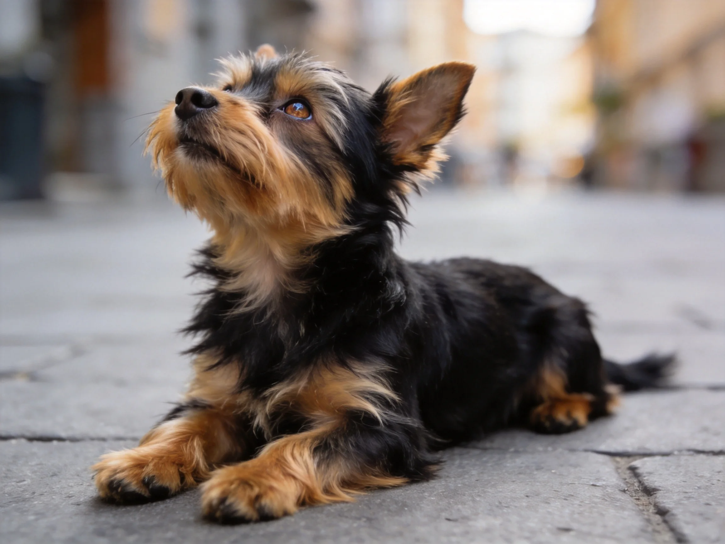 A small black and tan dog lies on a cobblestone street with blurred city buildings