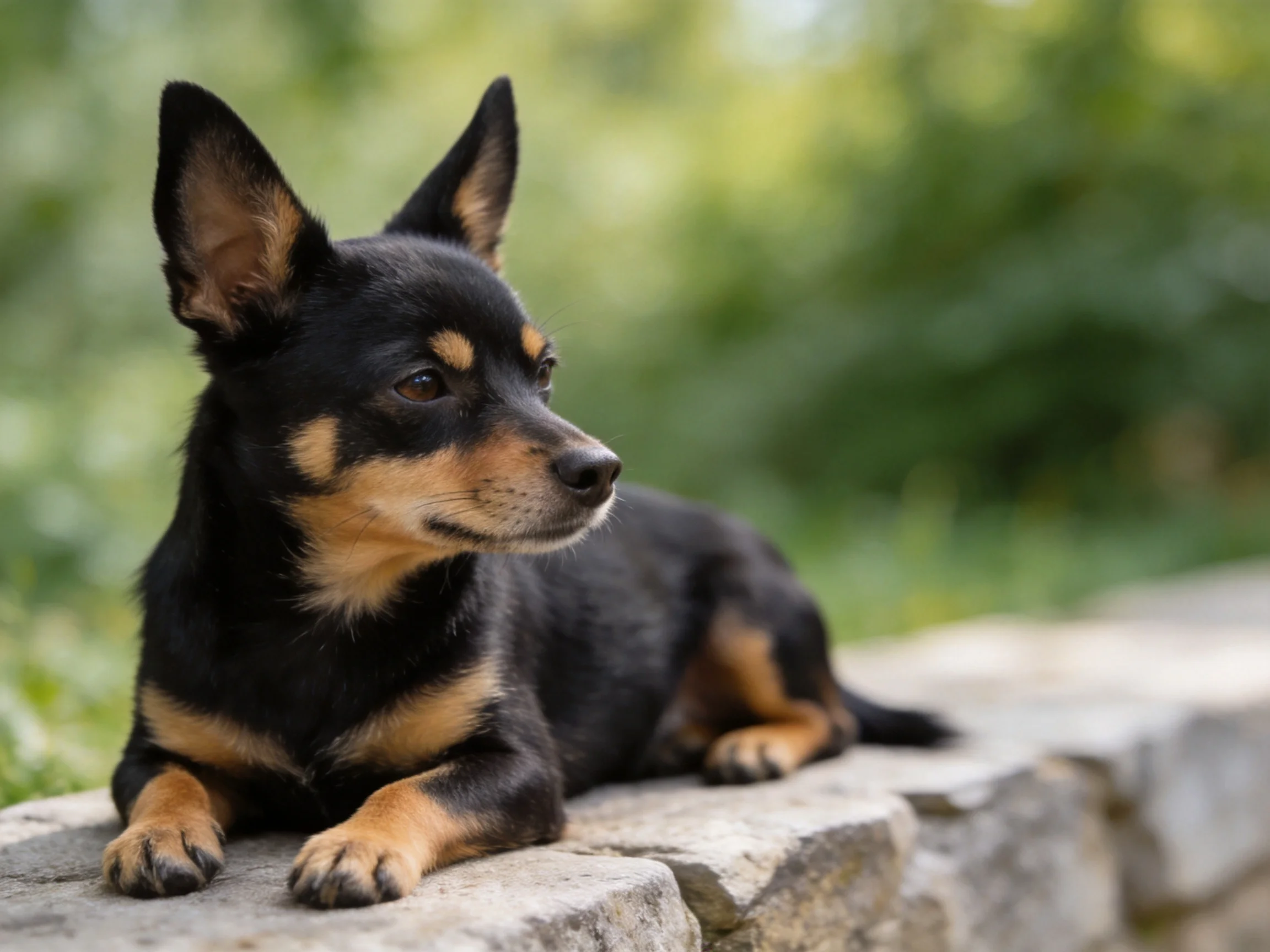 A small black and tan dog lies on a stone ledge surrounded by green foliage