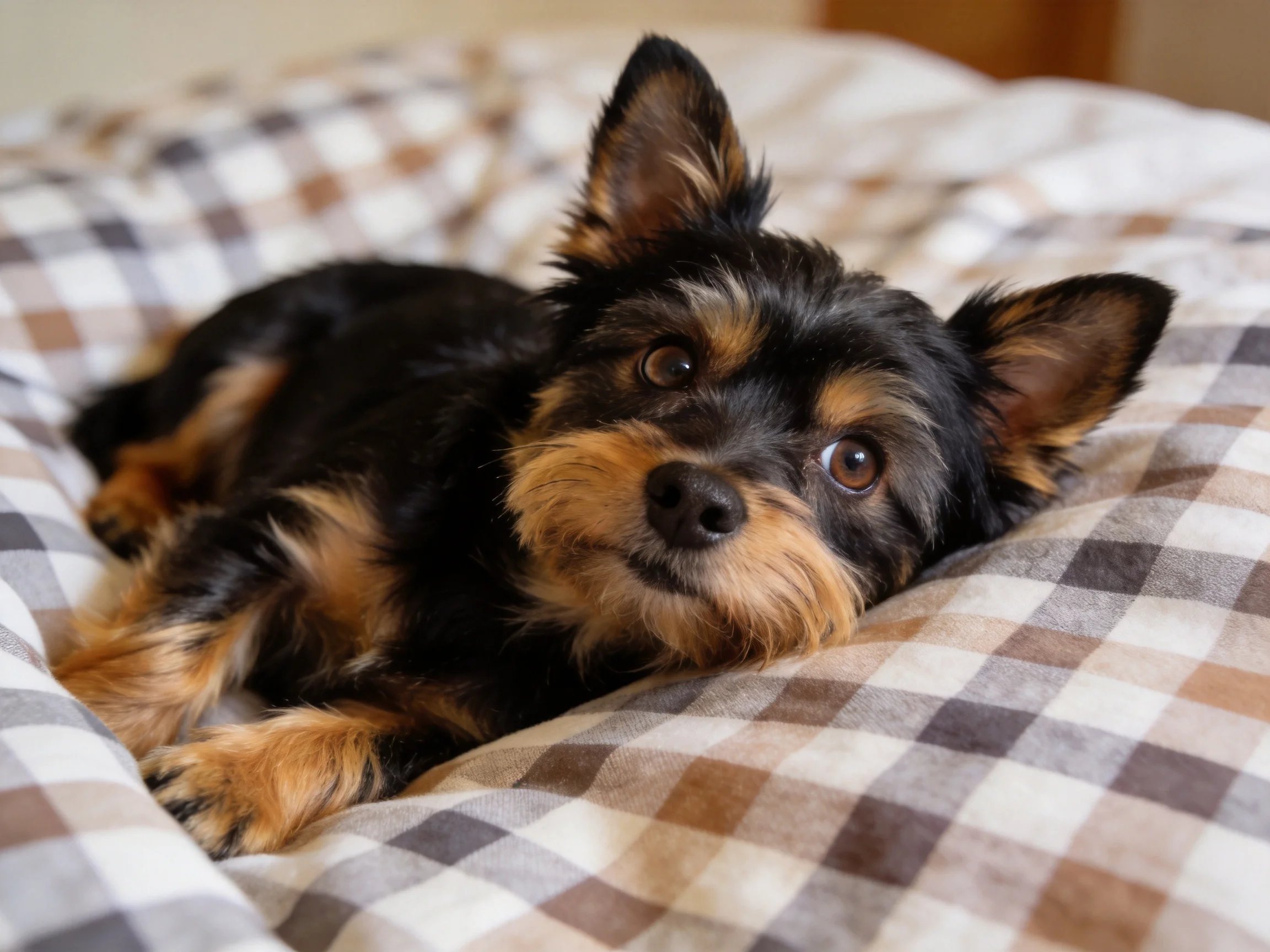 A small black and tan dog relaxes on a brown, white checkered bedspread