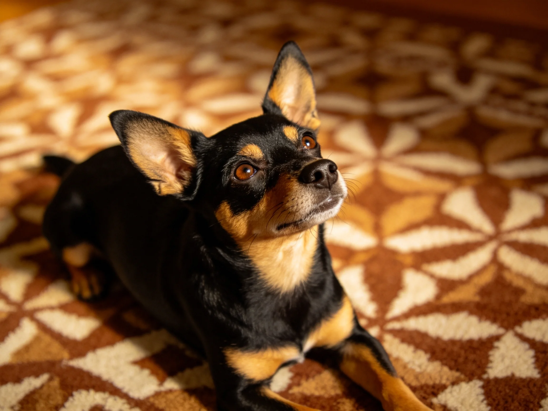A small black and tan dog relaxes on a patterned brown rug.