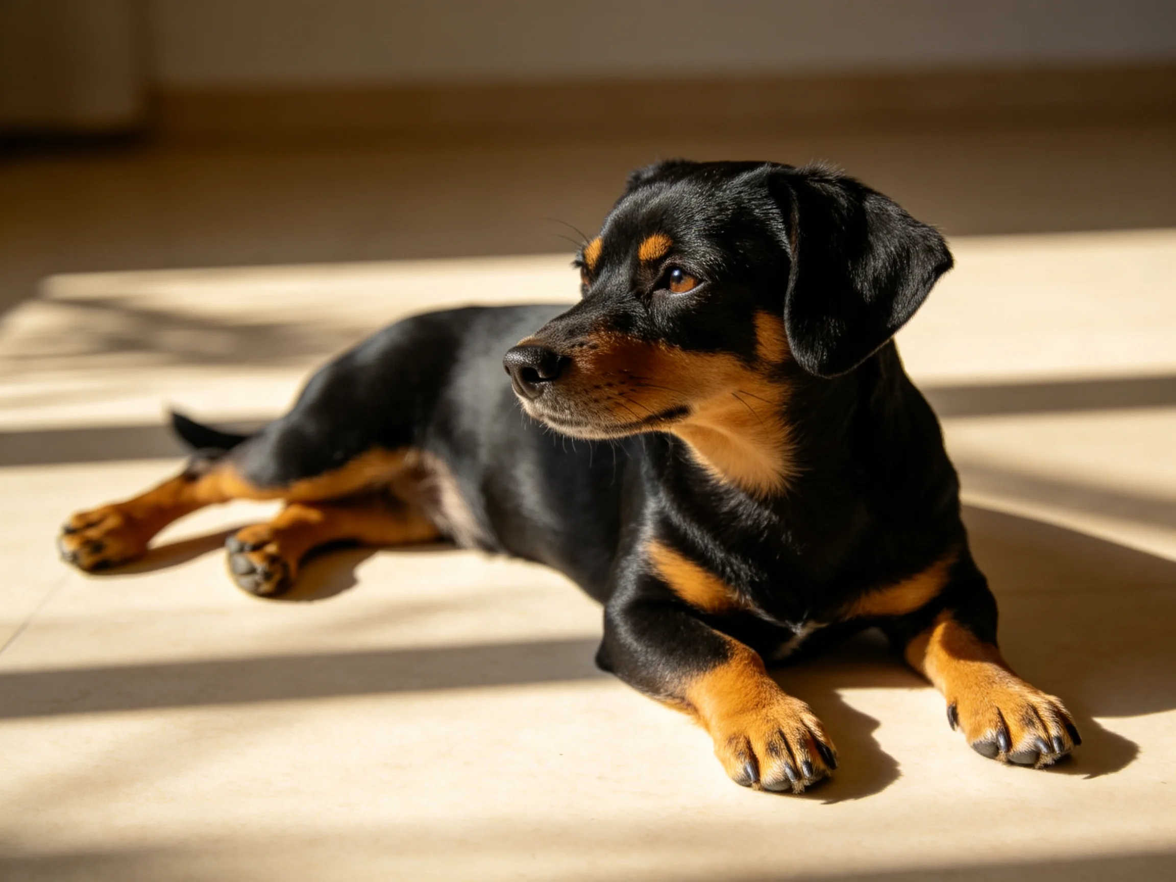 A black and tan dog lies calmly on a sunlit floor with shadows.