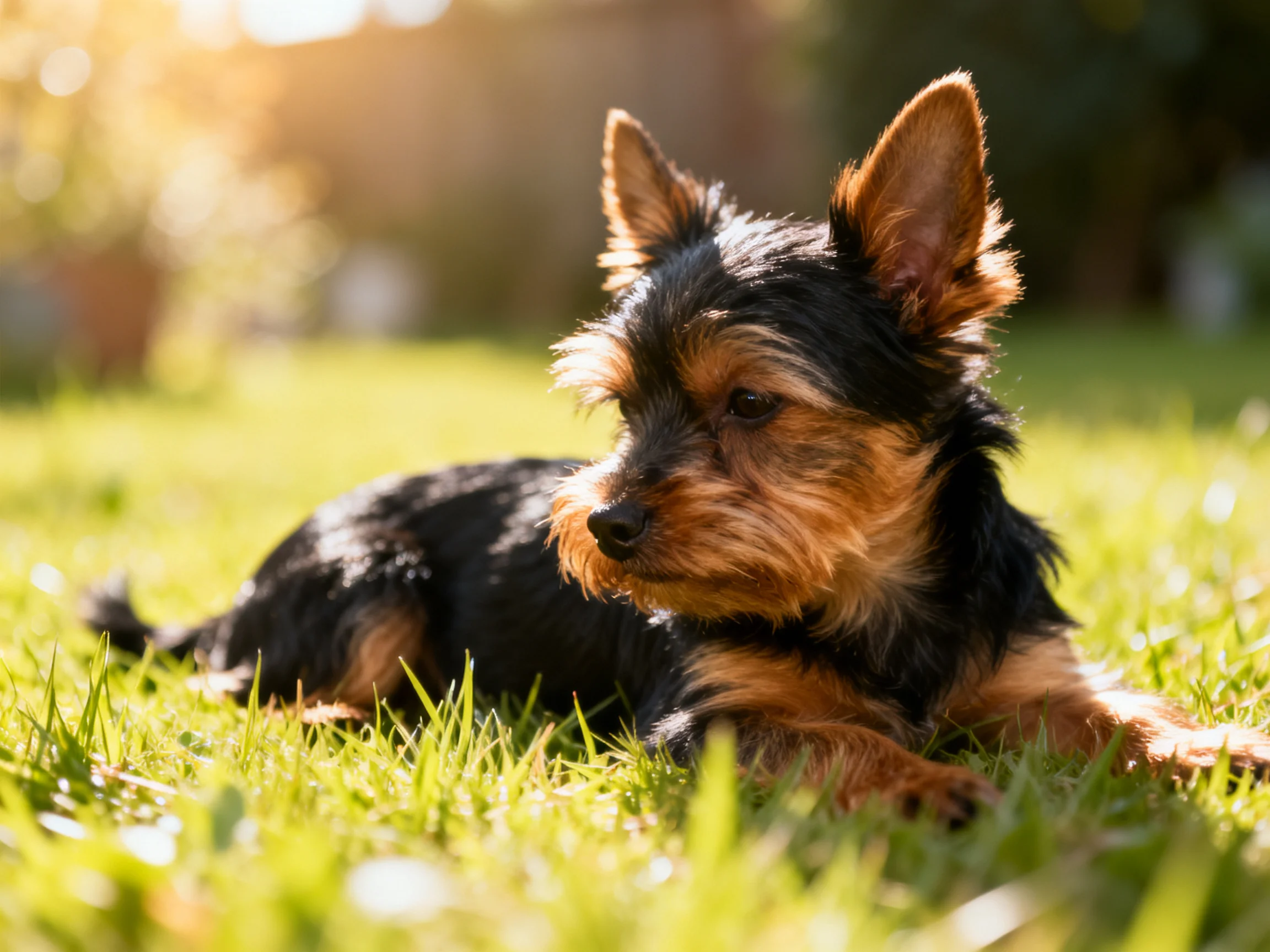 A small black and tan dog relaxes on vibrant green grass under sunny conditions.