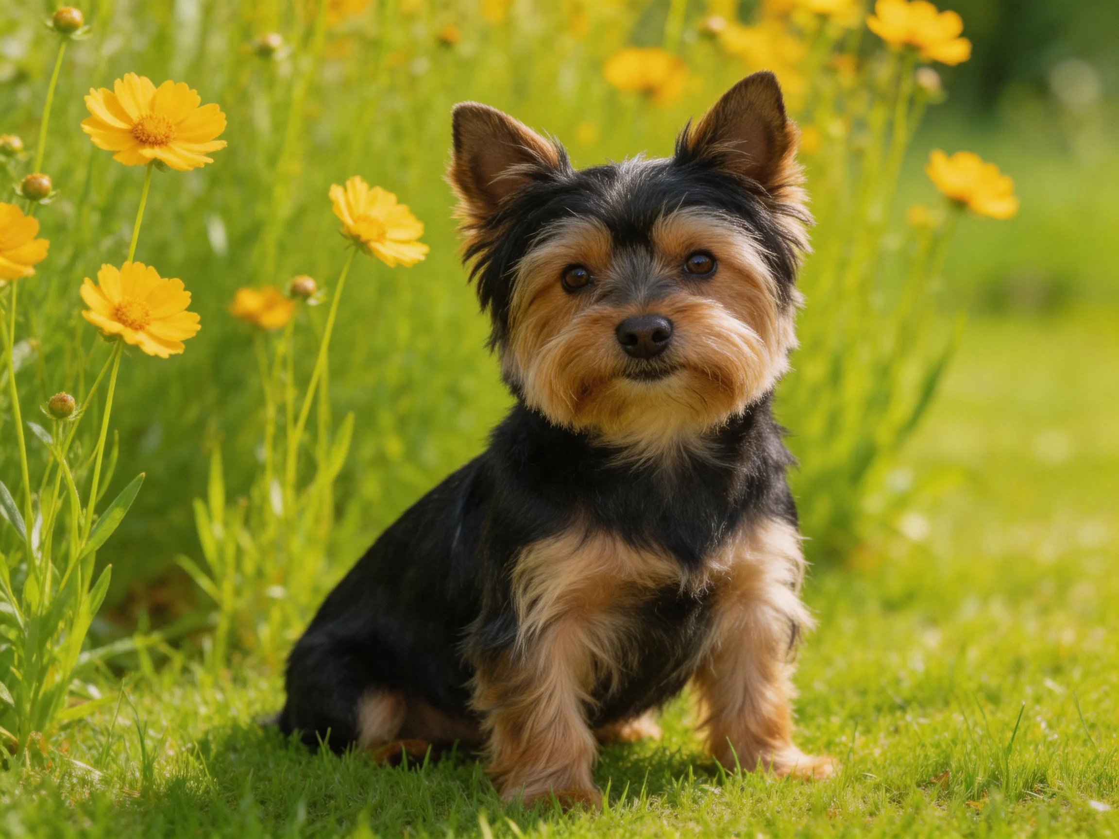 A small black-and-tan dog sits among yellow flowers in a sunny garden.