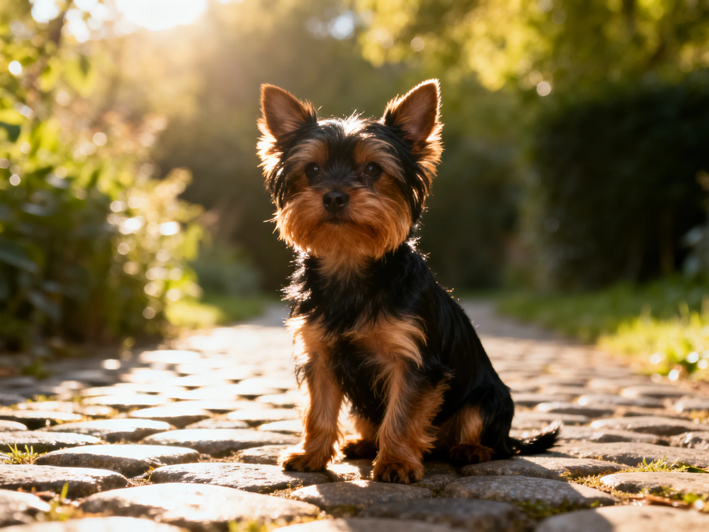 A small black and tan dog sits calmly on a sunlit cobblestone path in a lush outdoor area.