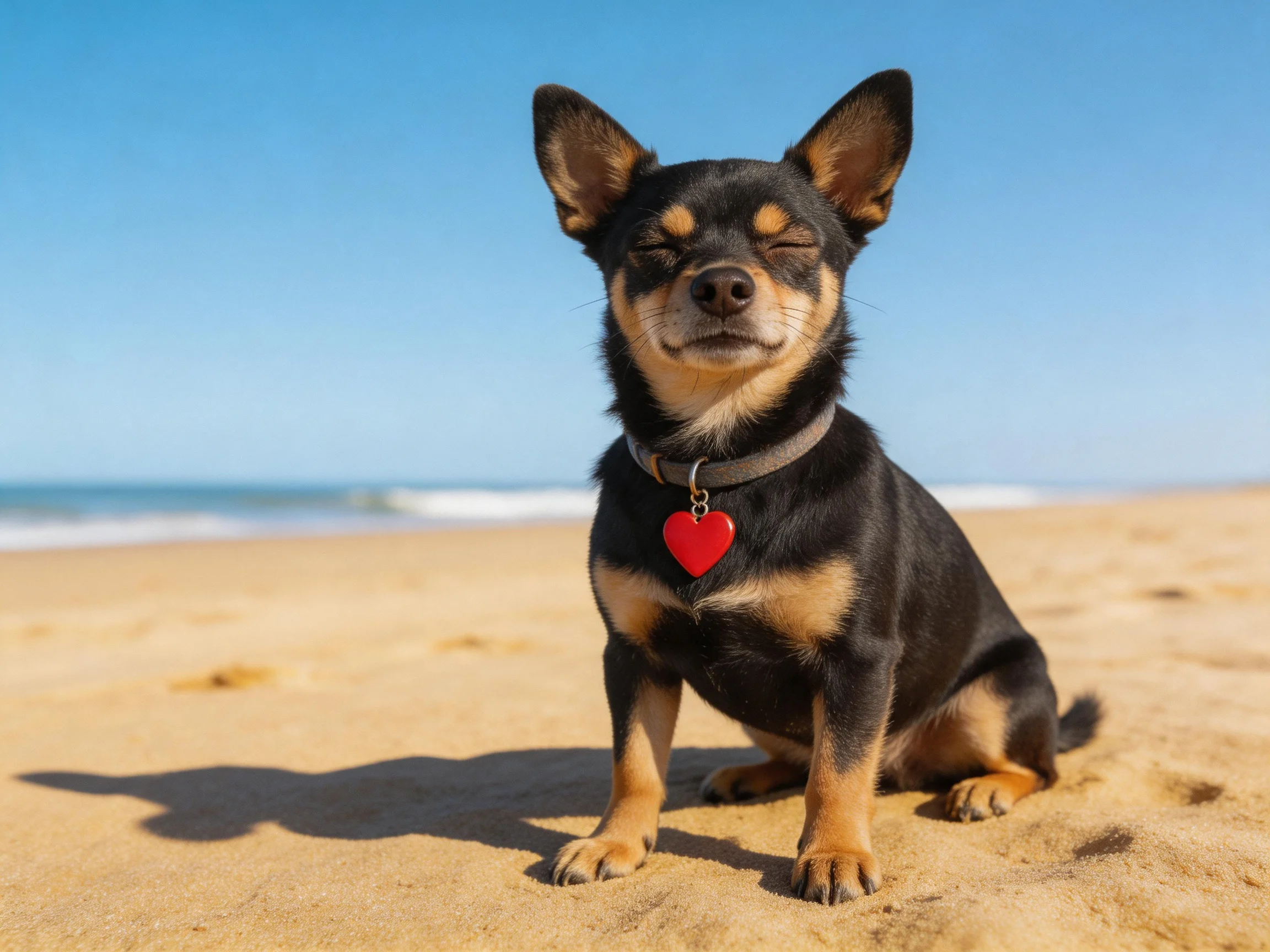A small black and tan dog relaxes on a sandy beach near the ocean.