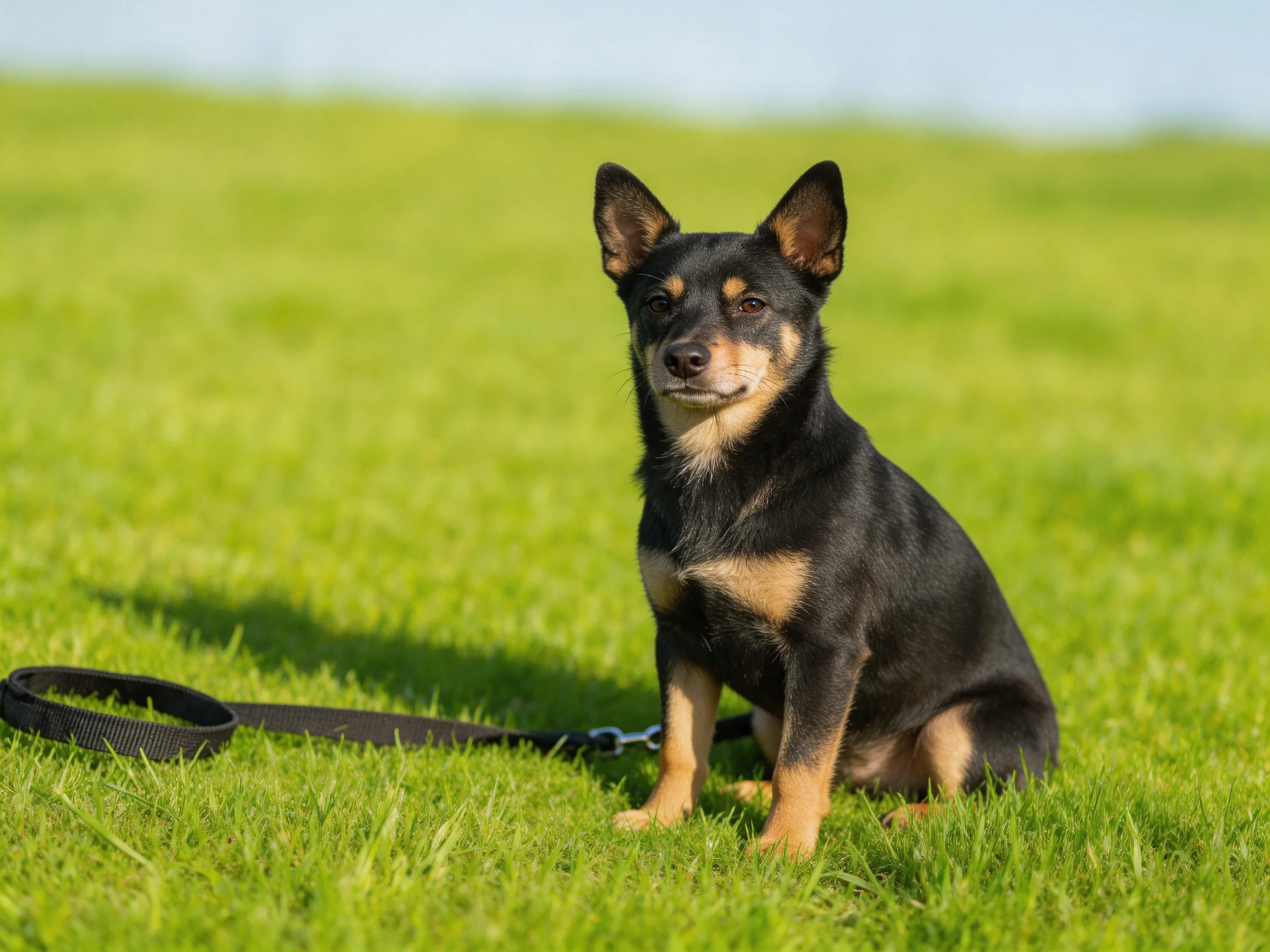 A small black and tan dog sits calmly on green grass beside a leash.