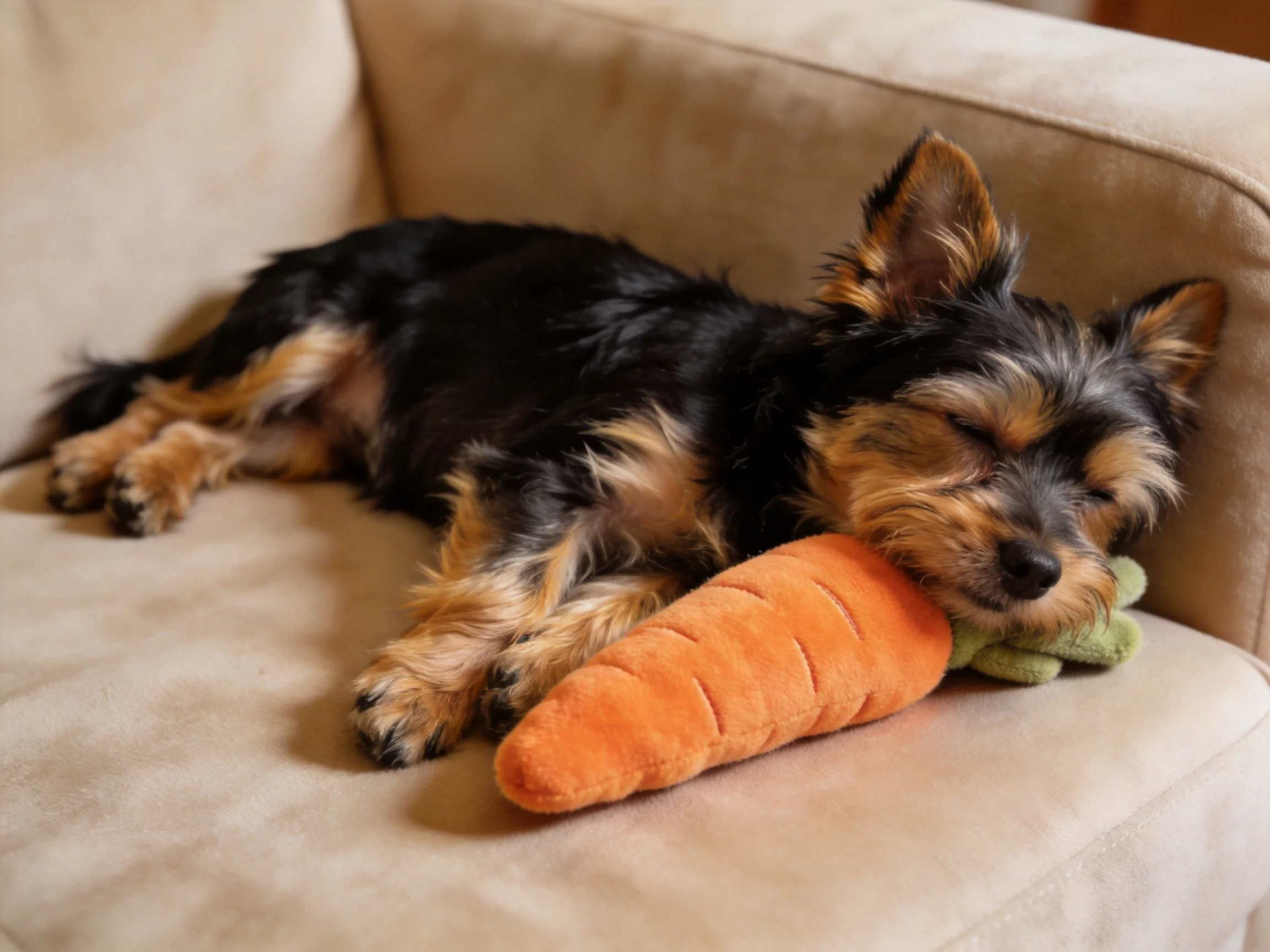 A small dog sleeps on a couch with a plush carrot.