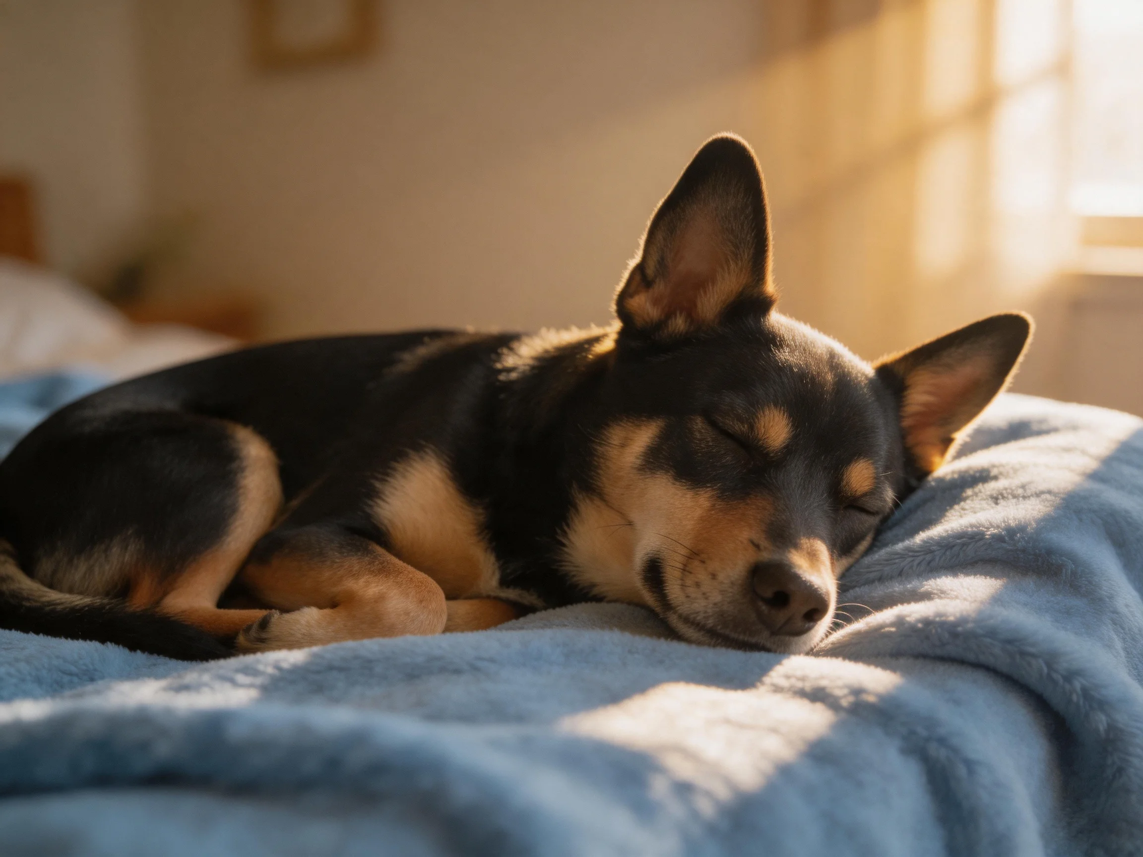 A small black and tan dog rests on a blue blanket in a sunlit room.