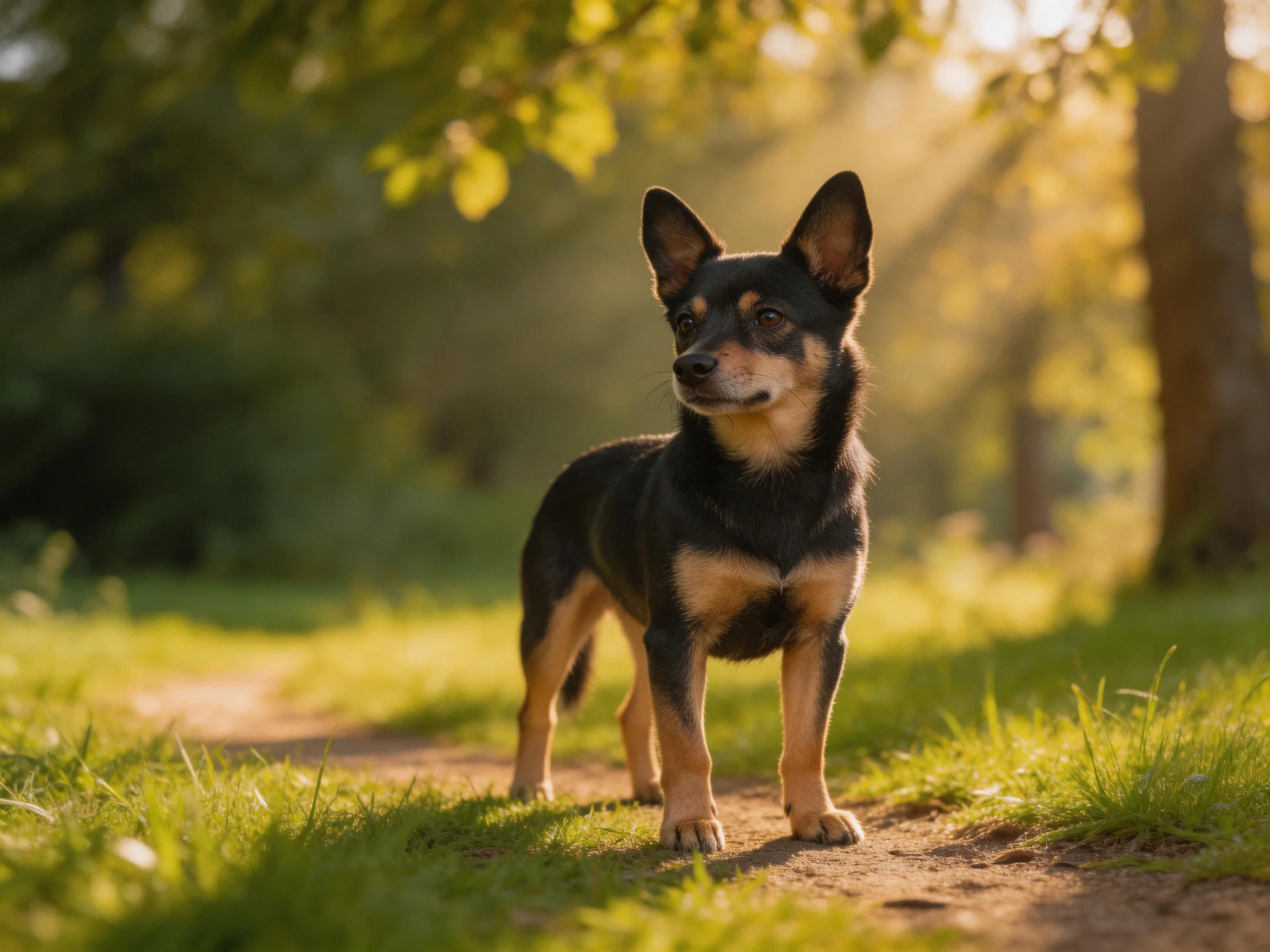 A small black and tan dog stands alert on a sunlit forest path.