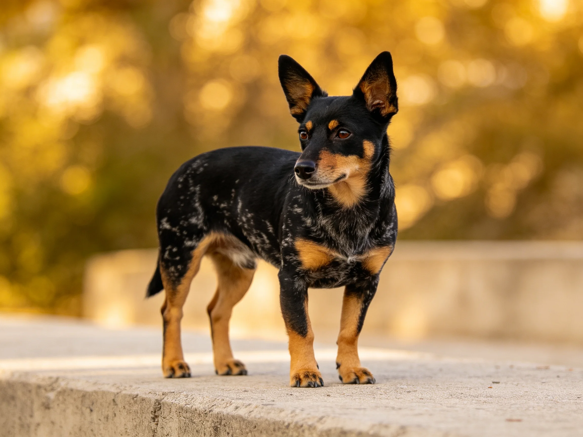 A small black and tan dog stands alert on a concrete ledge outdoors.