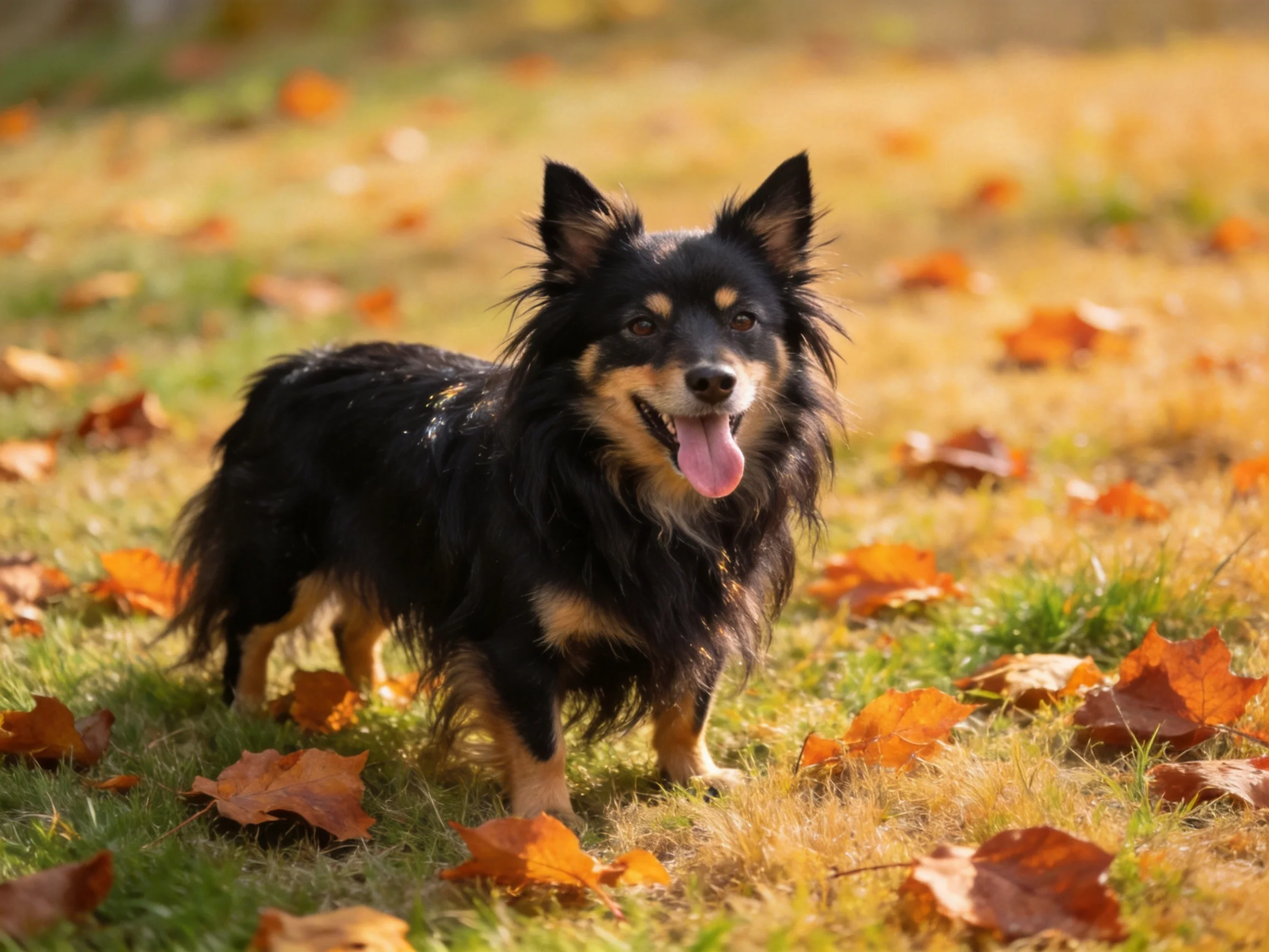 A small black-and-tan dog stands among fallen autumn leaves in a sunlit outdoor setting.
