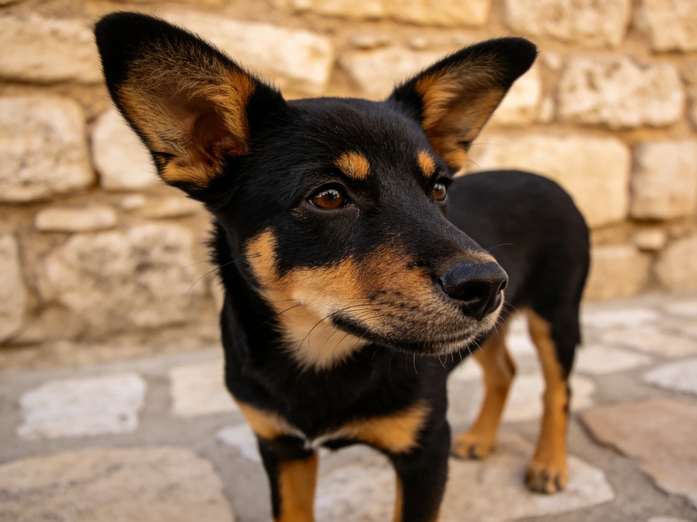 A small black and tan dog stands near a stone wall.