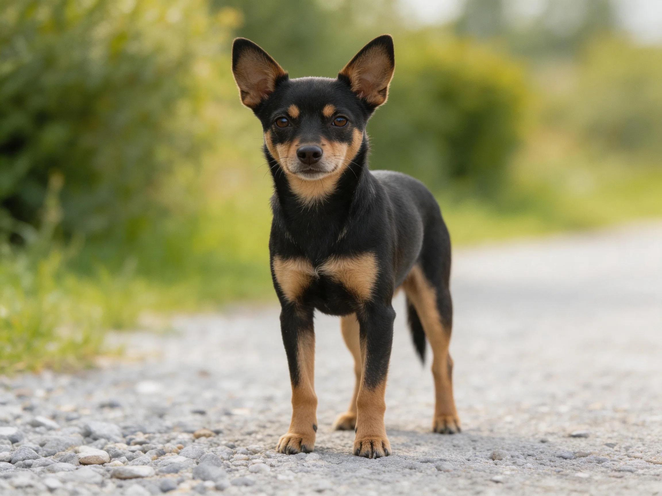 A small black and tan dog stands on a gravel path outdoors.