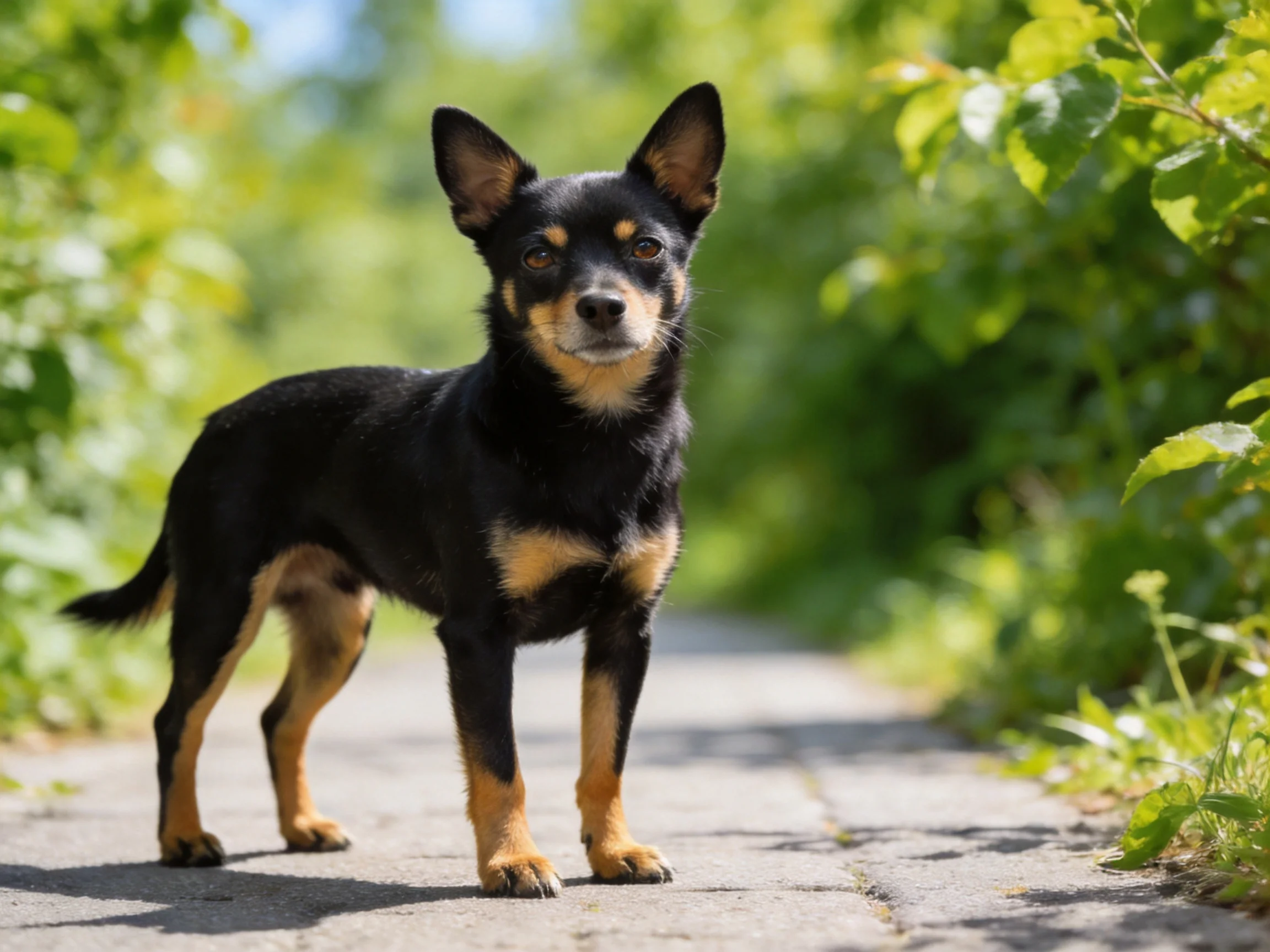 A small black and tan dog stands alert on a sunlit paved path near greenery