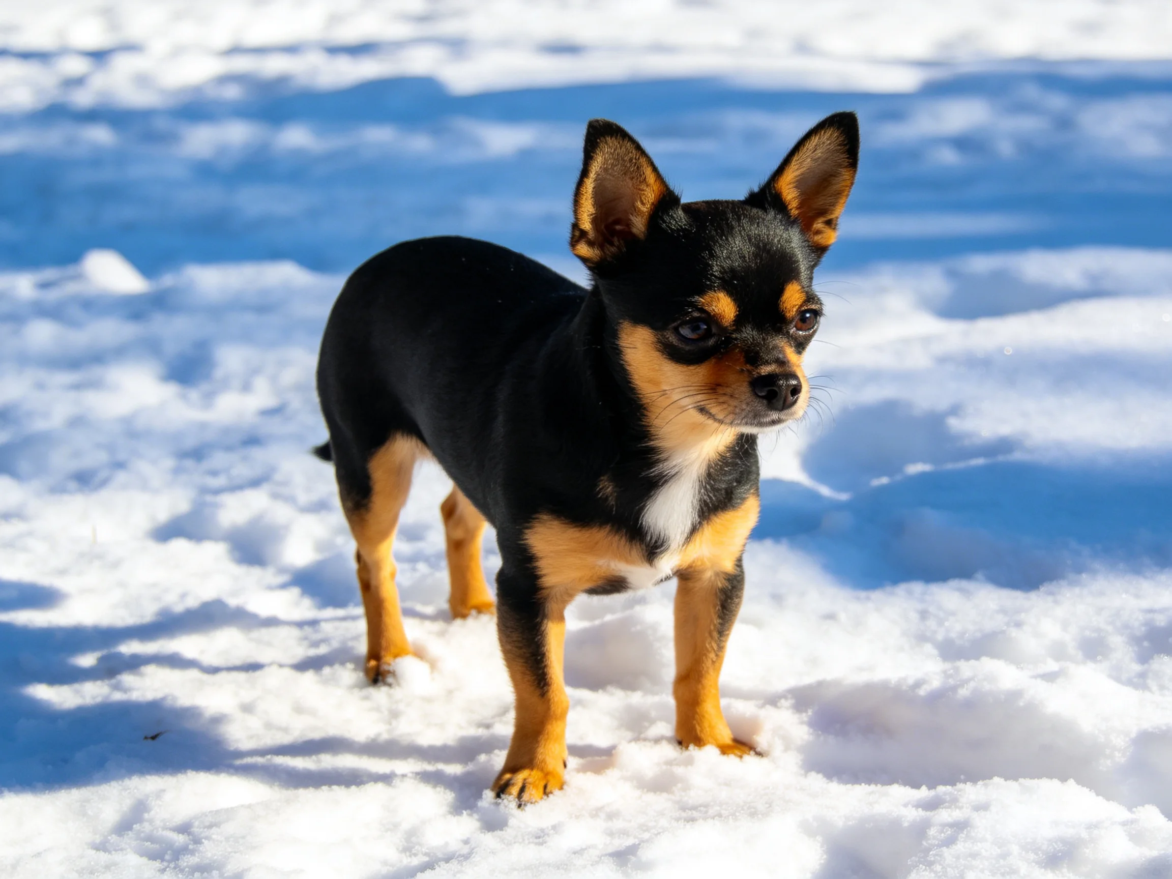A small black and tan dog stands on snow in a sunlit winter scene