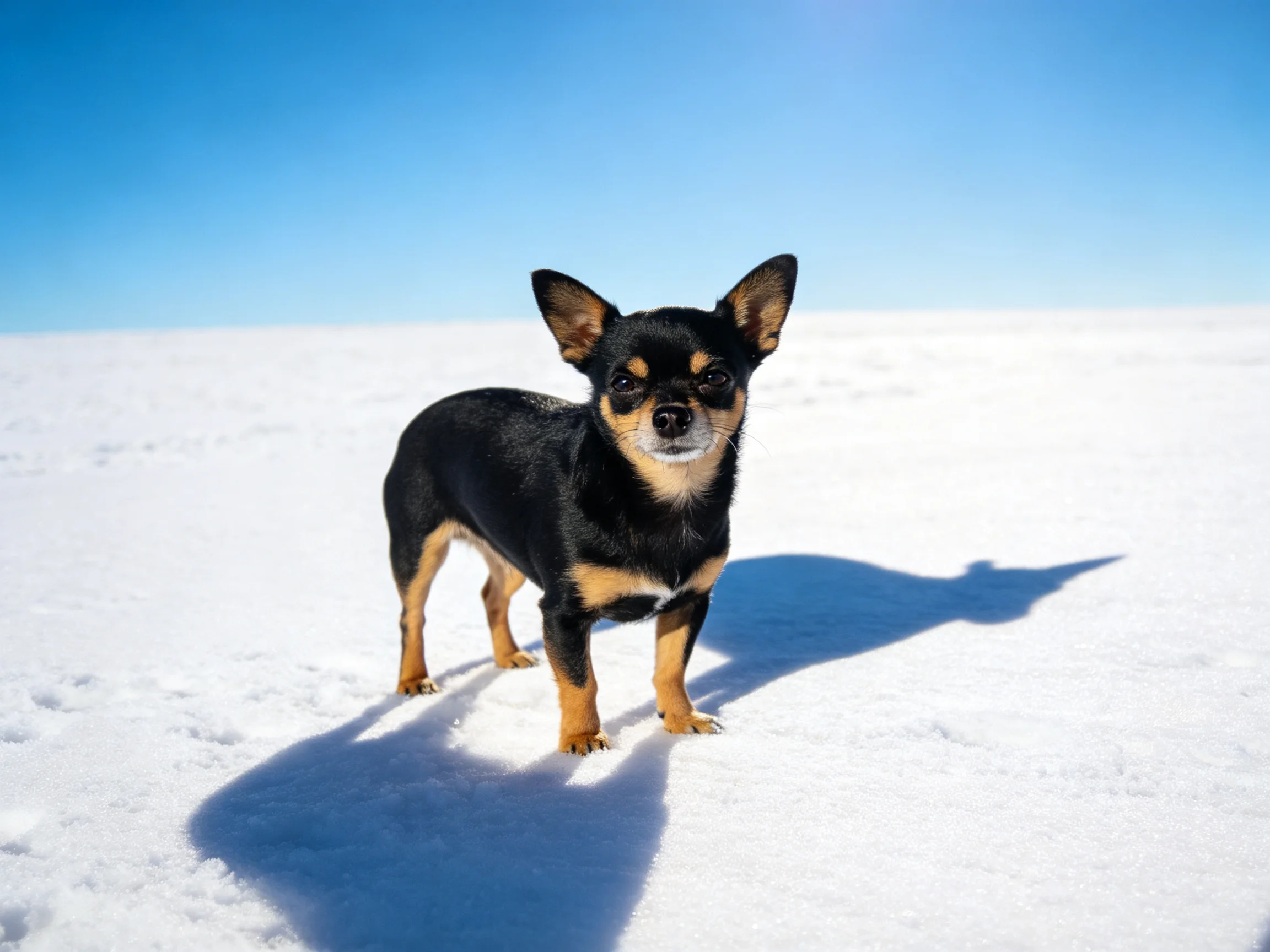 A small dog stands alone on a snowy field beneath a clear blue sky.