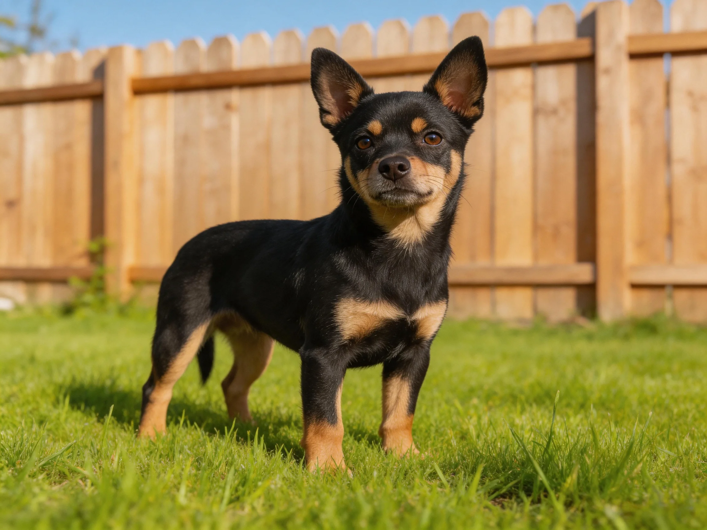 A small black and tan dog stands alertly on green grass next to a wooden fence.