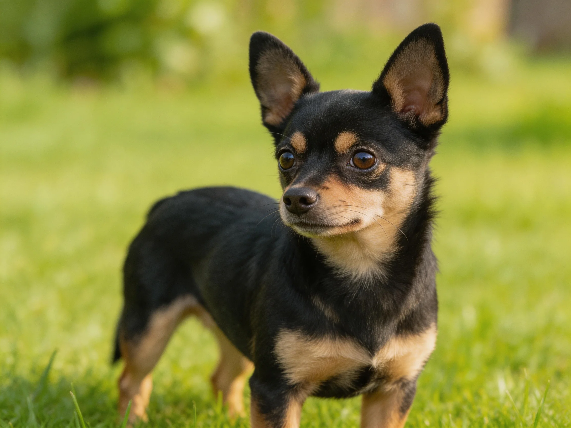 A small black and tan dog stands alertly in a sunlit grassy area.