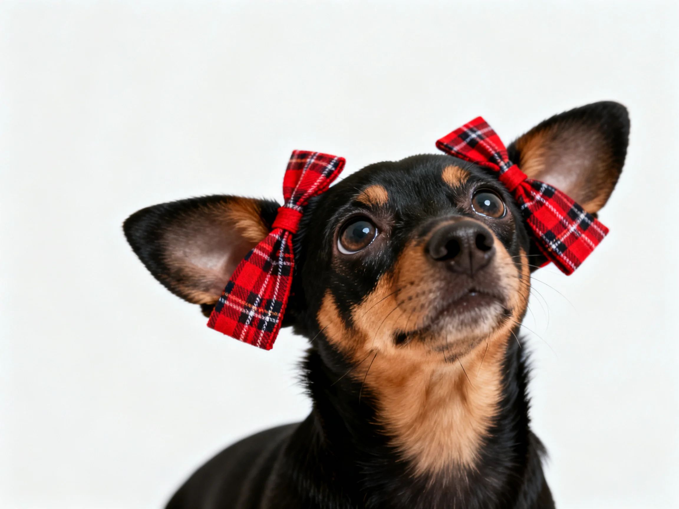 A small black and tan dog wearing two red plaid bows