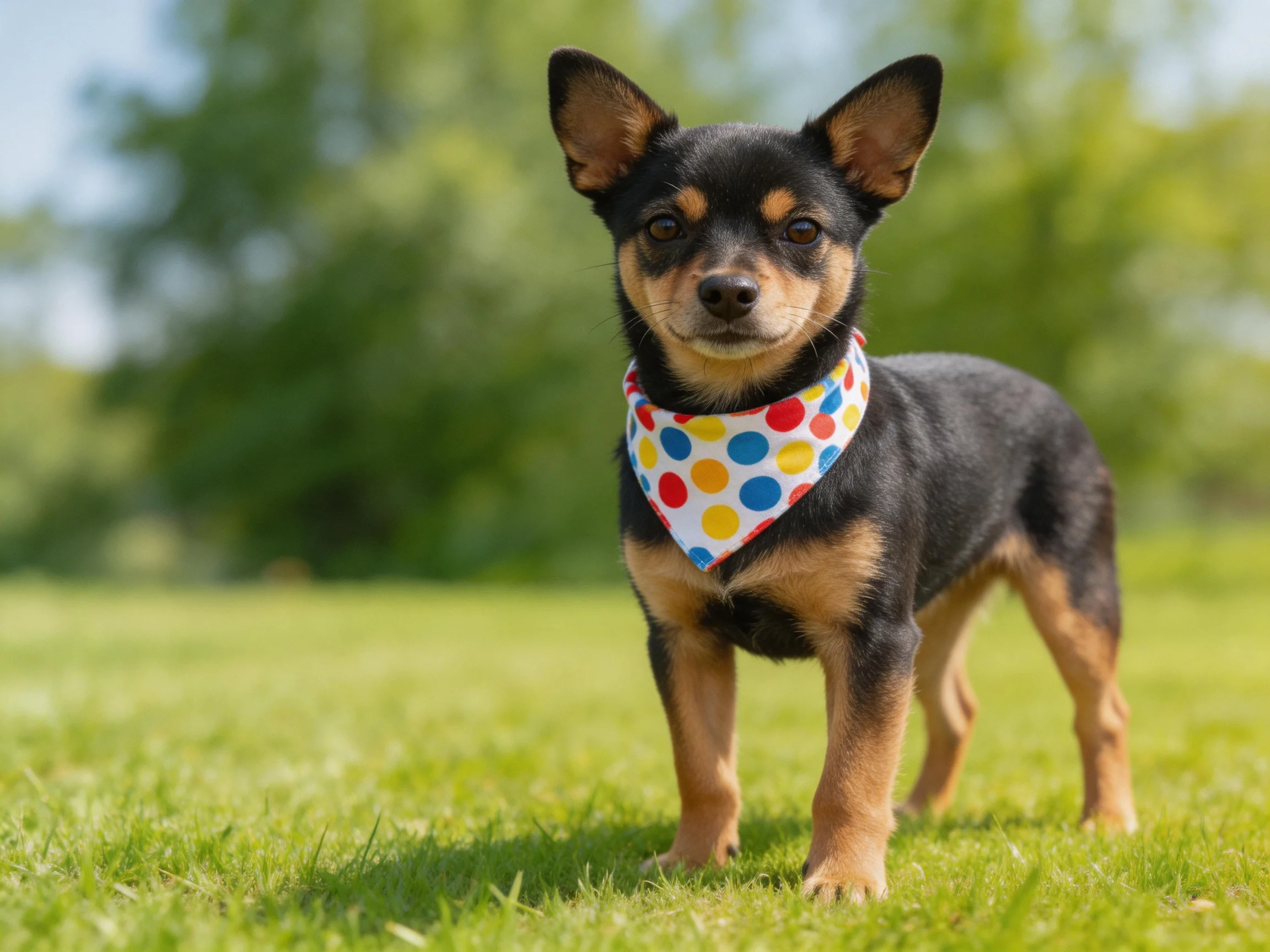 A small black and tan dog wears a colorful polka dot bandana on green grass