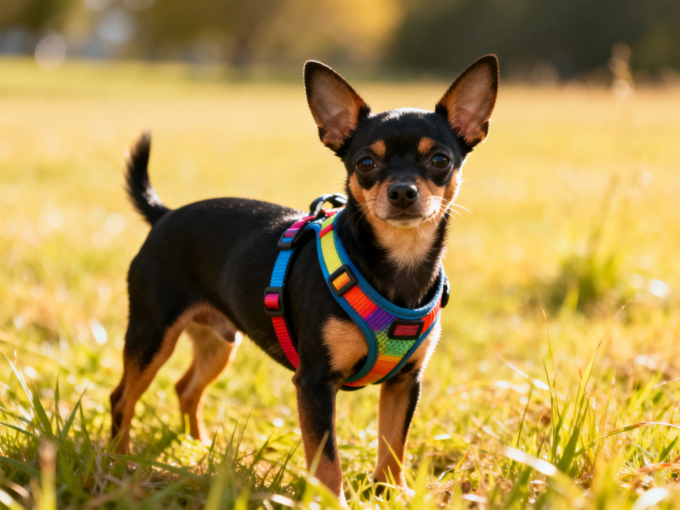A small black and tan dog wears a vibrant harness in a sunlit meadow