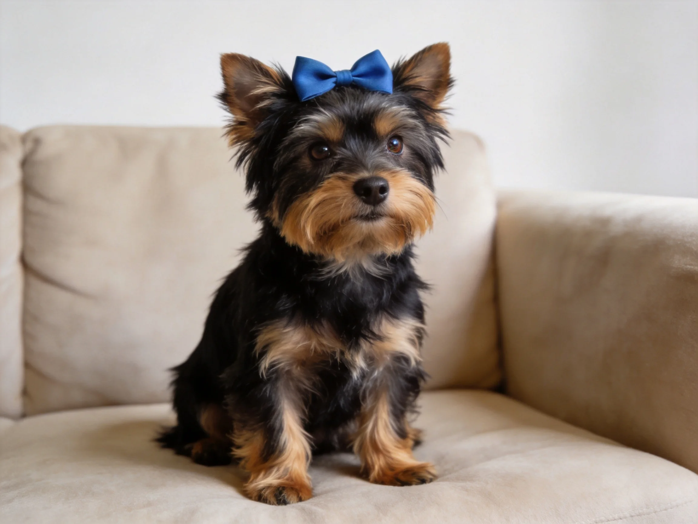 A small black and tan dog with a blue bow sits on a beige couch