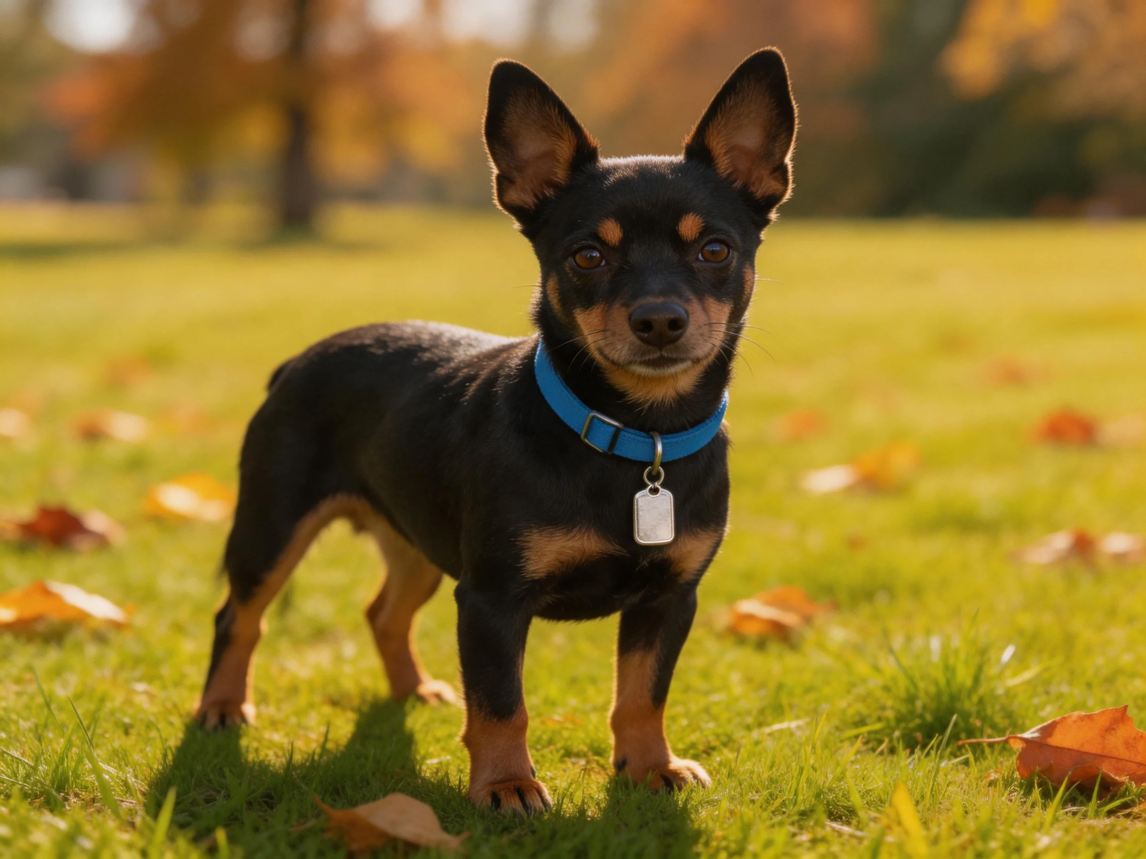 A small black and tan dog stands alert in a sunlit autumn park.