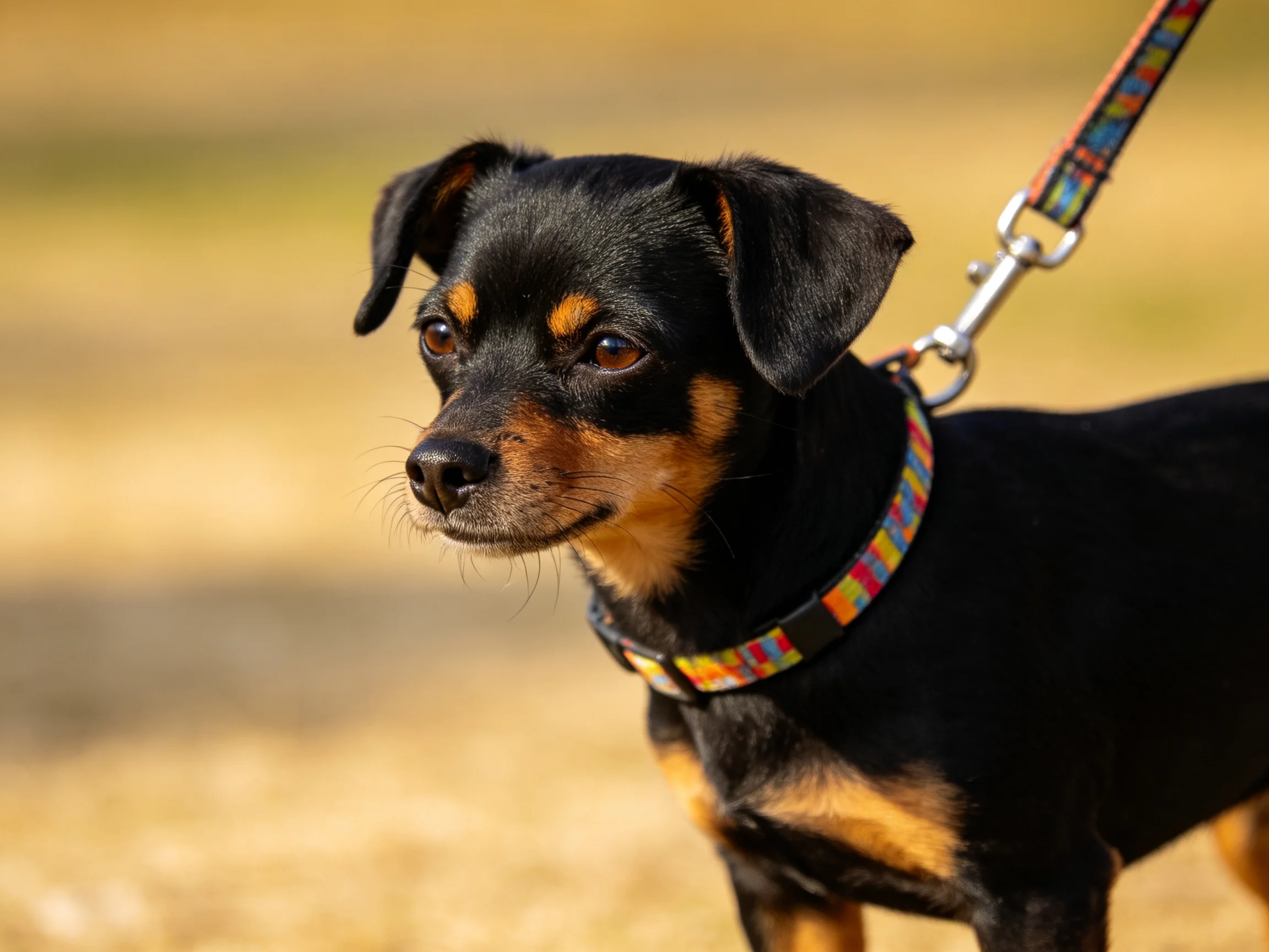 A small black and tan dog stands outdoors near a colorful leash.
