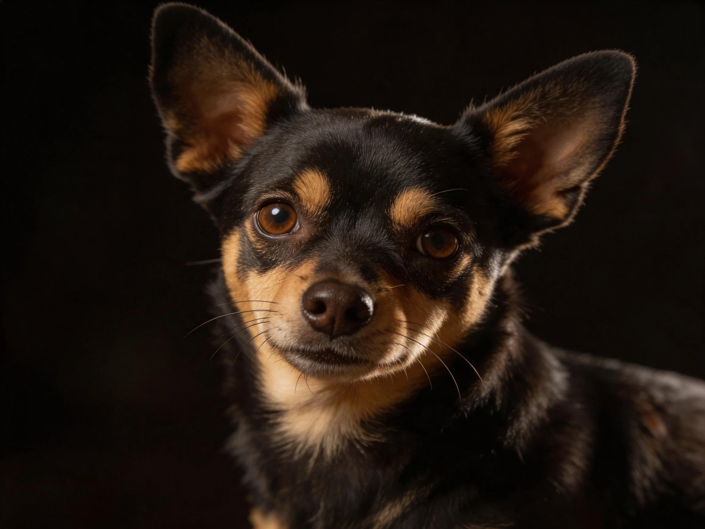 A small black and tan dog looks directly at the camera on a dark background.