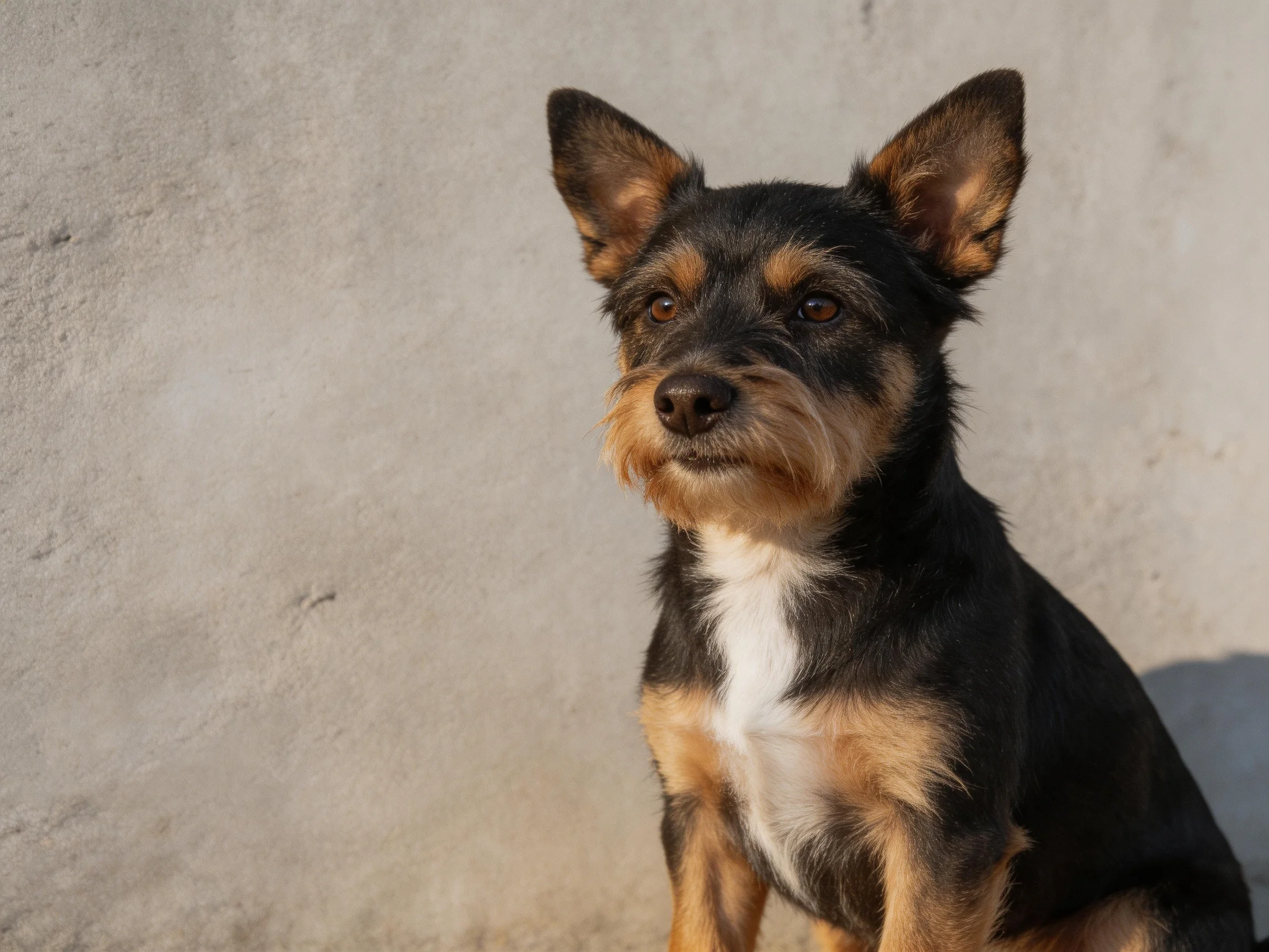 A small dog with black and tan fur sits near a gray wall