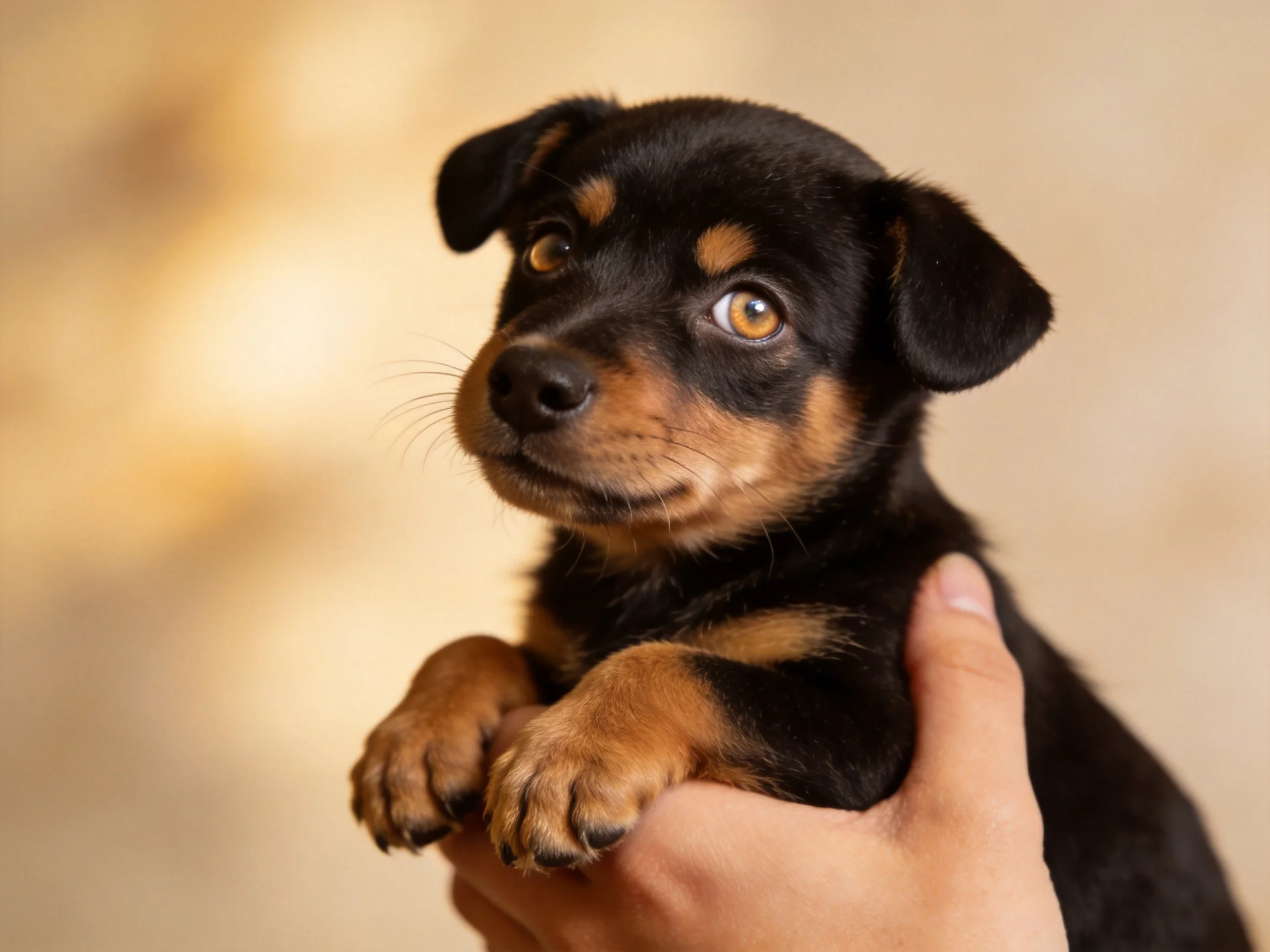 A small black and tan puppy cradled in a person’s hands