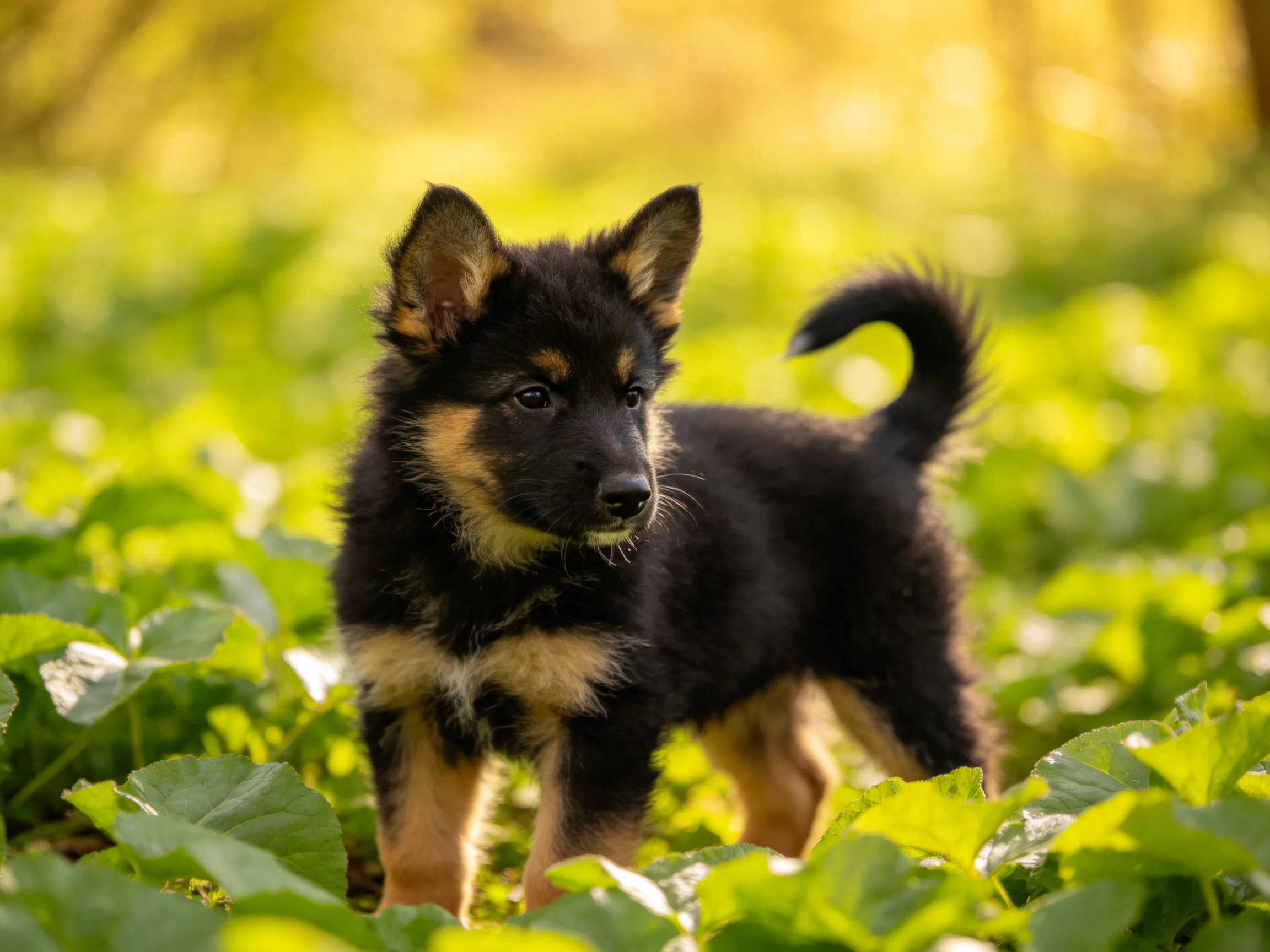 A young black and tan puppy explores greenery in a sunlit area.