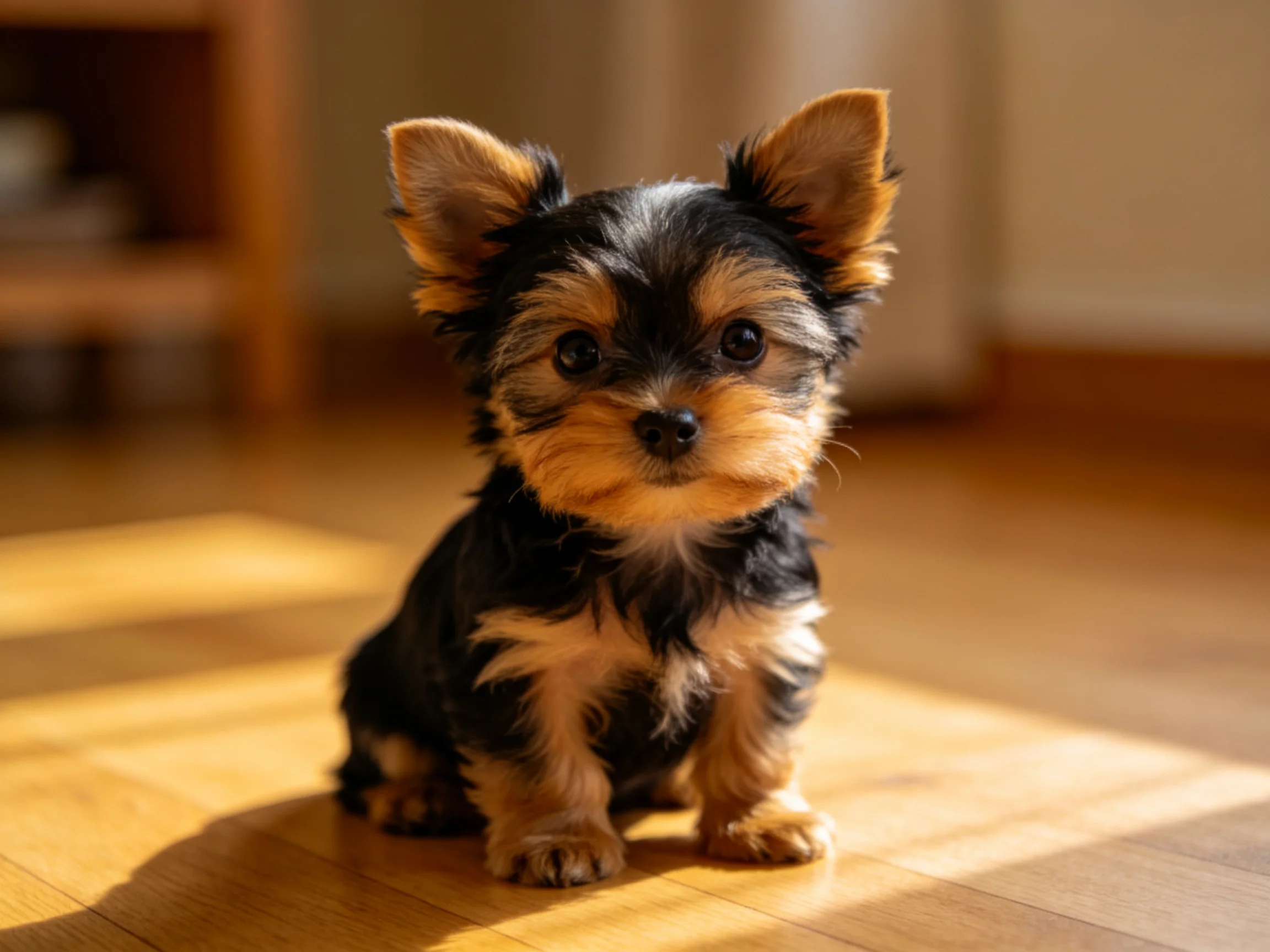 A small black and tan puppy on a wooden floor