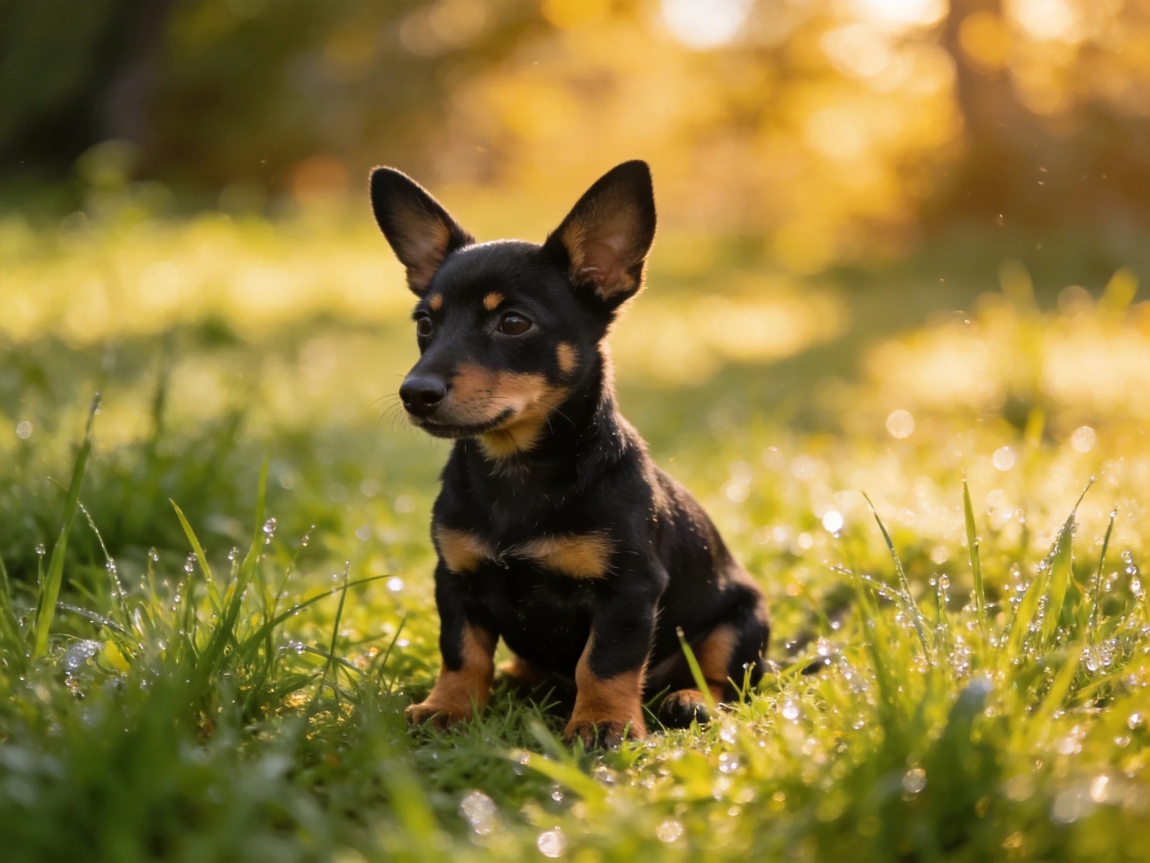 A small black and tan puppy on dewy green grass in golden sunlight