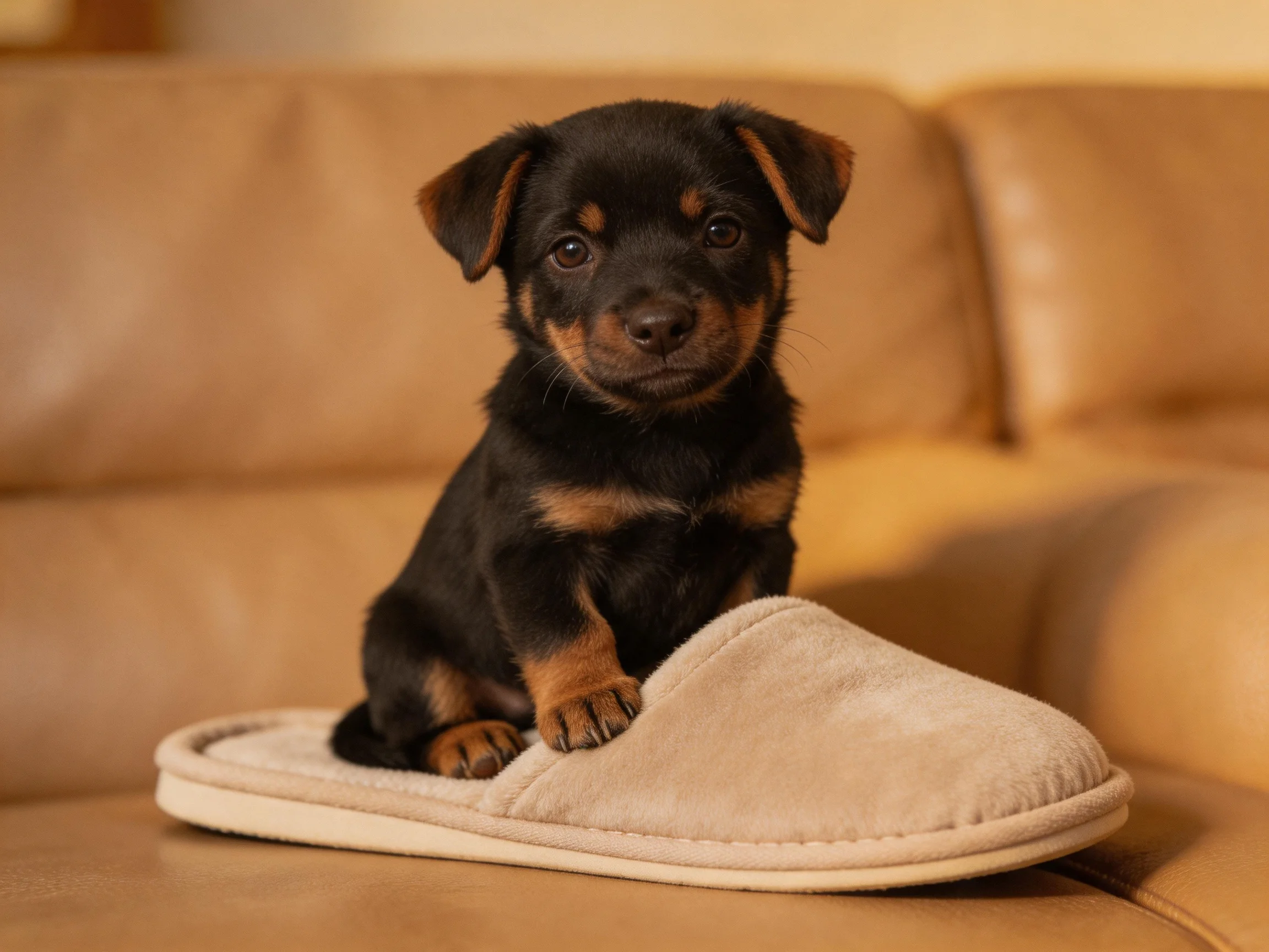 A small black and tan puppy sits on a beige slipper next to a brown couch.